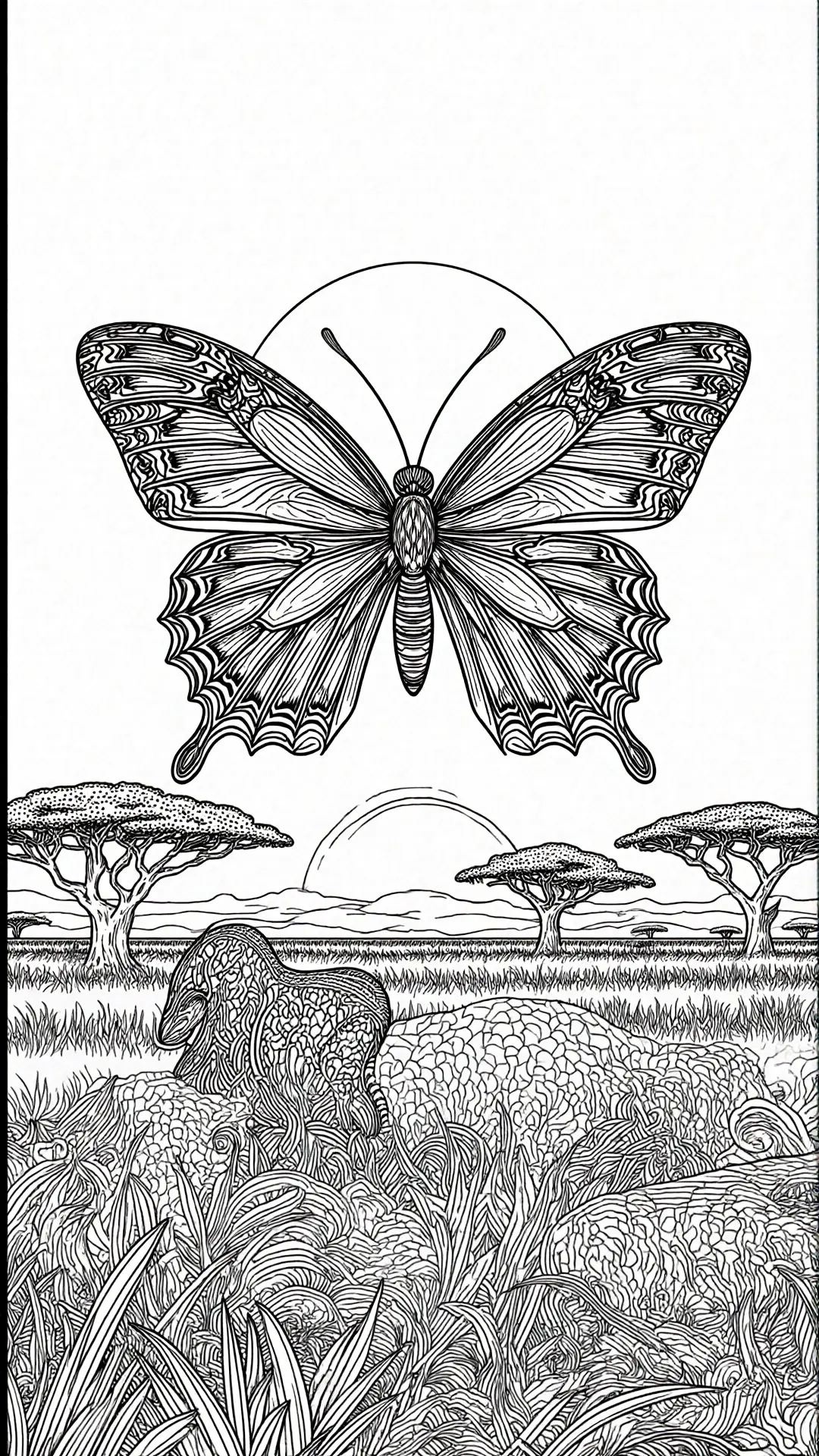 Black-and-white detailed butterfly and savanna scene coloring sheet for printable coloring page - detailed coloring page, kids' coloring page, printable coloring page, coloring sheets with animal.