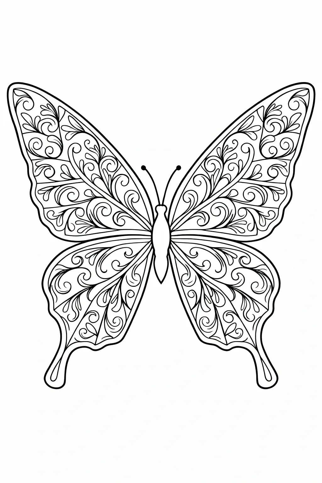 Elegant butterfly line art coloring page with intricate swirls and wing patterns, ideal for detailed coloring page, kids' coloring page, a printable coloring page, and coloring sheets. A beautiful