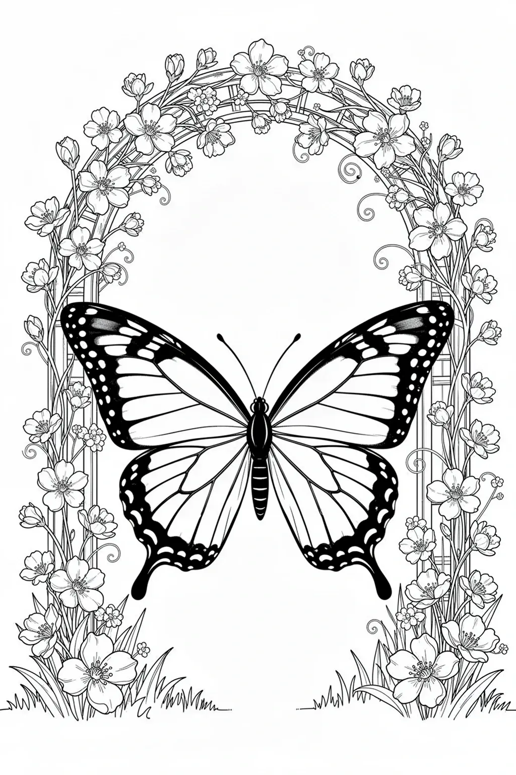 Black-and-white coloring page of a butterfly framed by a garden arch with flowers and vines.
