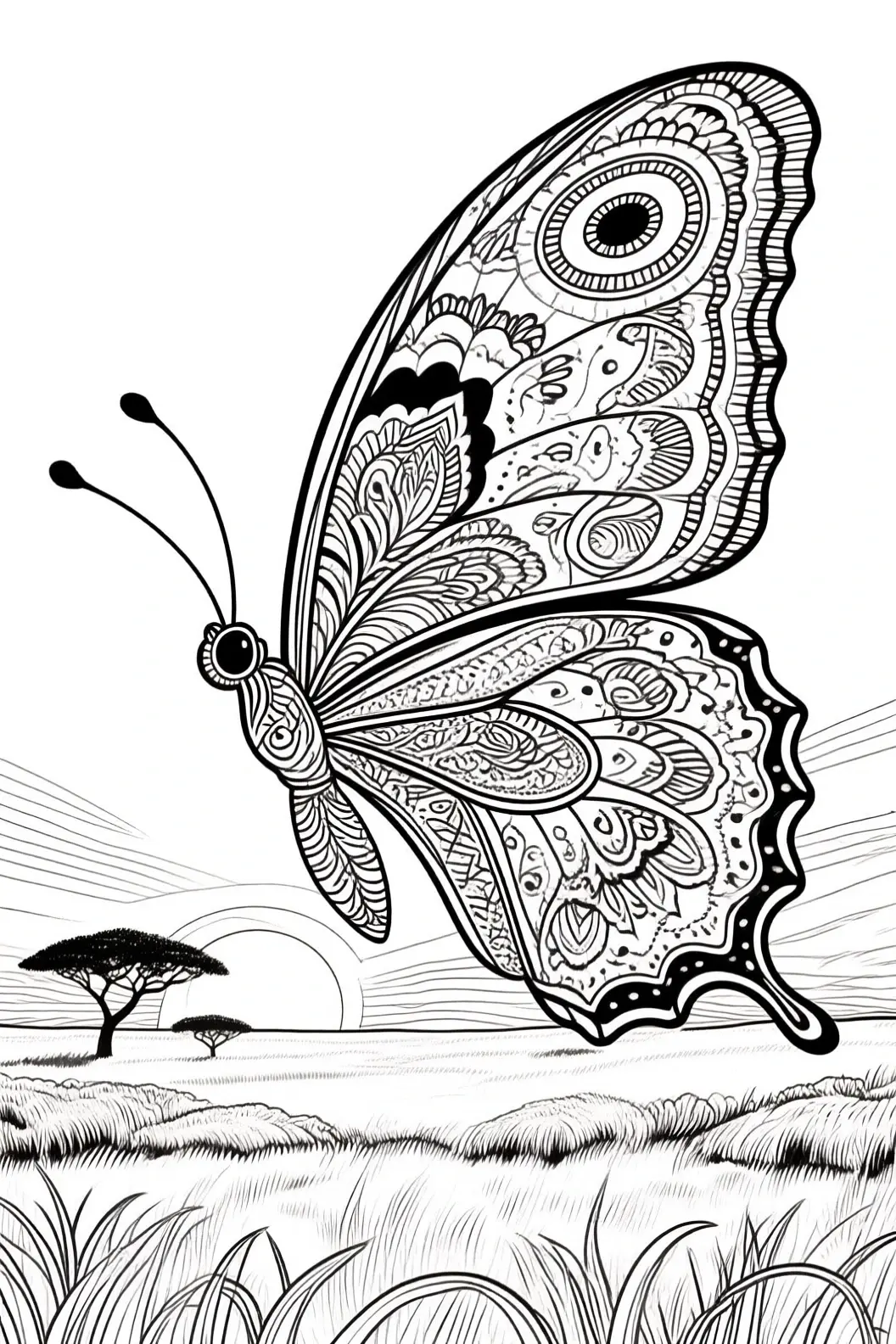 Black-and-white line art coloring page of a mandala-style butterfly flying over a savanna sunset with acacia trees; part of animal coloring page for spring and summer. Suitable for detailed coloring