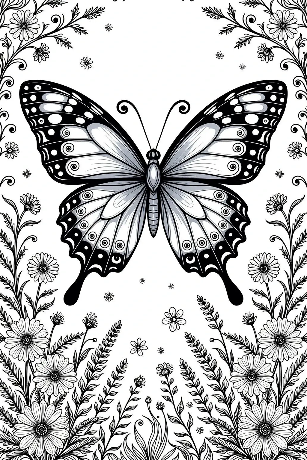Intricate black-and-white animal coloring page of a butterfly with mandala-inspired wings surrounded by spring flowers; ideal for detailed coloring page, kids' coloring page, a printable coloring