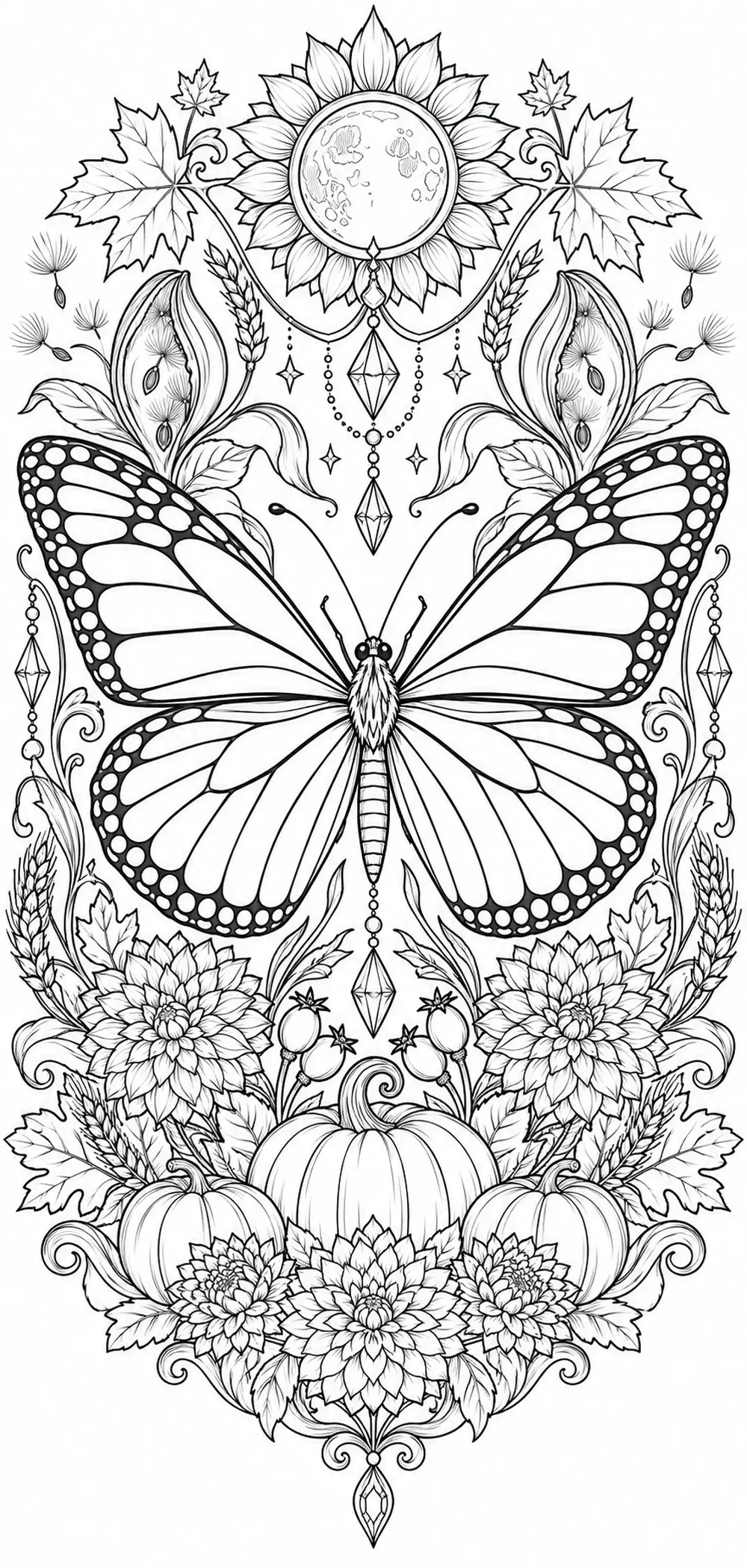 A black-and-white coloring page shows a monarch butterfly surrounded by flowers, leaves, pumpkins, and hanging crystal ornaments.