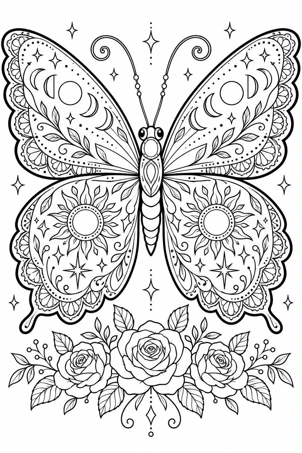 A butterfly coloring page features patterned wings decorated with moon phases, stars, and leafy details, with three roses beneath it.