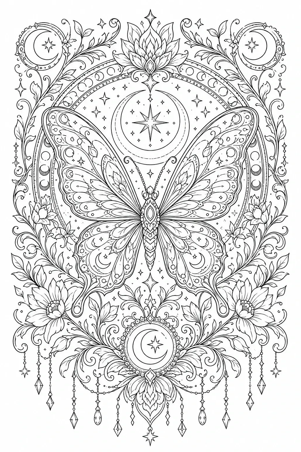 Black and white coloring page of detailed ornamental butterfly surrounded by flowers, moons, stars, and swirling decorative leaves in a symmetrical line art design