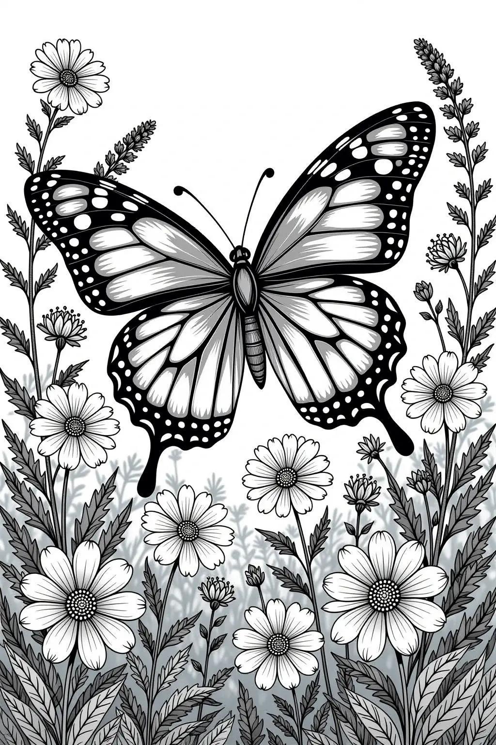 Black-and-white line art of a butterfly hovering over spring wildflowers; one of our detailed coloring page ideal for kids' coloring page, printable coloring page collections, or standalone coloring