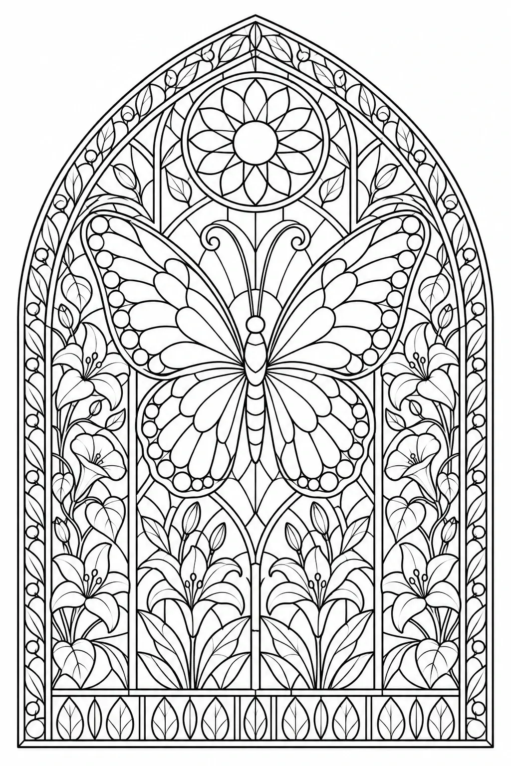 A butterfly coloring page with a stained glass window frame, flowers, and leafy vines.