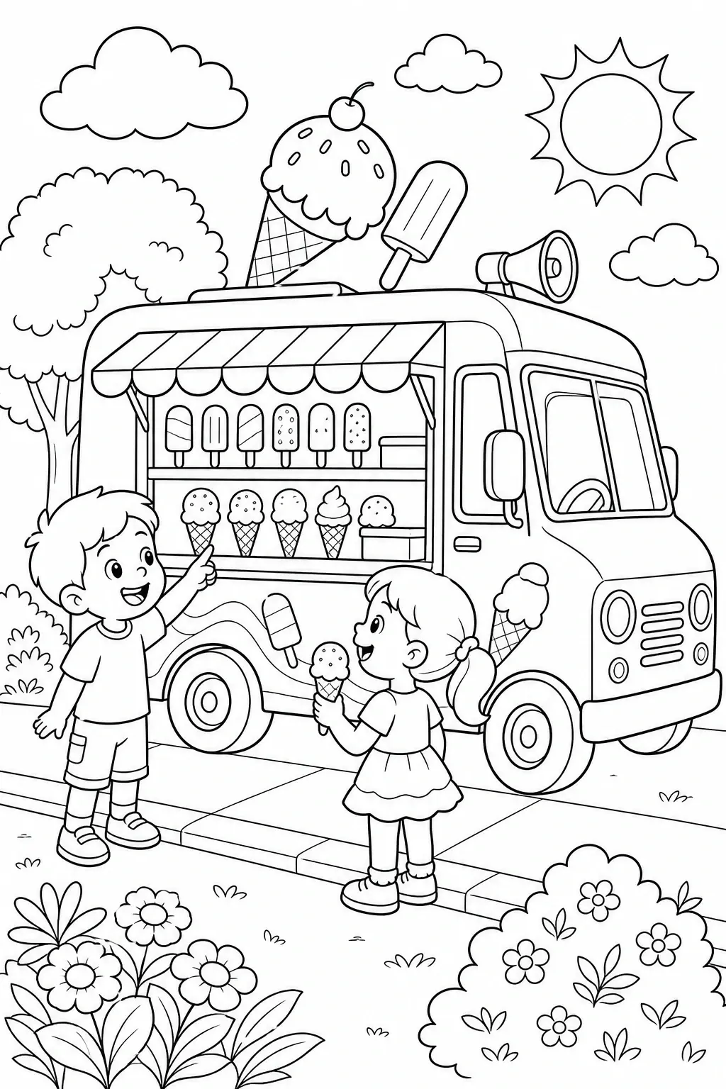 Black and white coloring page of cartoon ice cream truck with children choosing ice cream treats on a sunny summer day