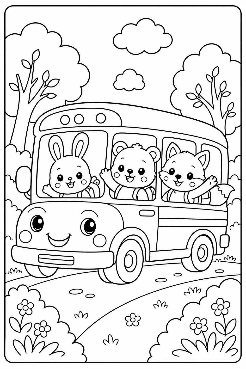 Black and white coloring page of cute kawaii school bus with three smiling animal passengers driving through a simple outdoor scene with trees, clouds, flowers, and a winding road
