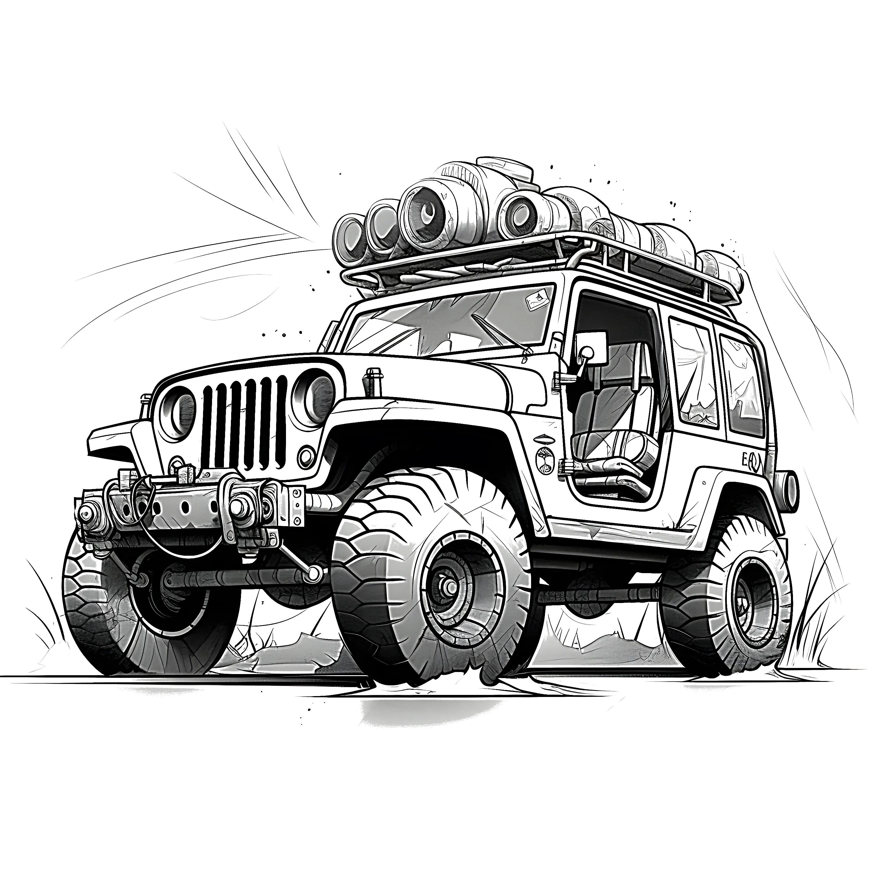 Black and white coloring page of an off-road SUV jeep with a roof rack and large tires.