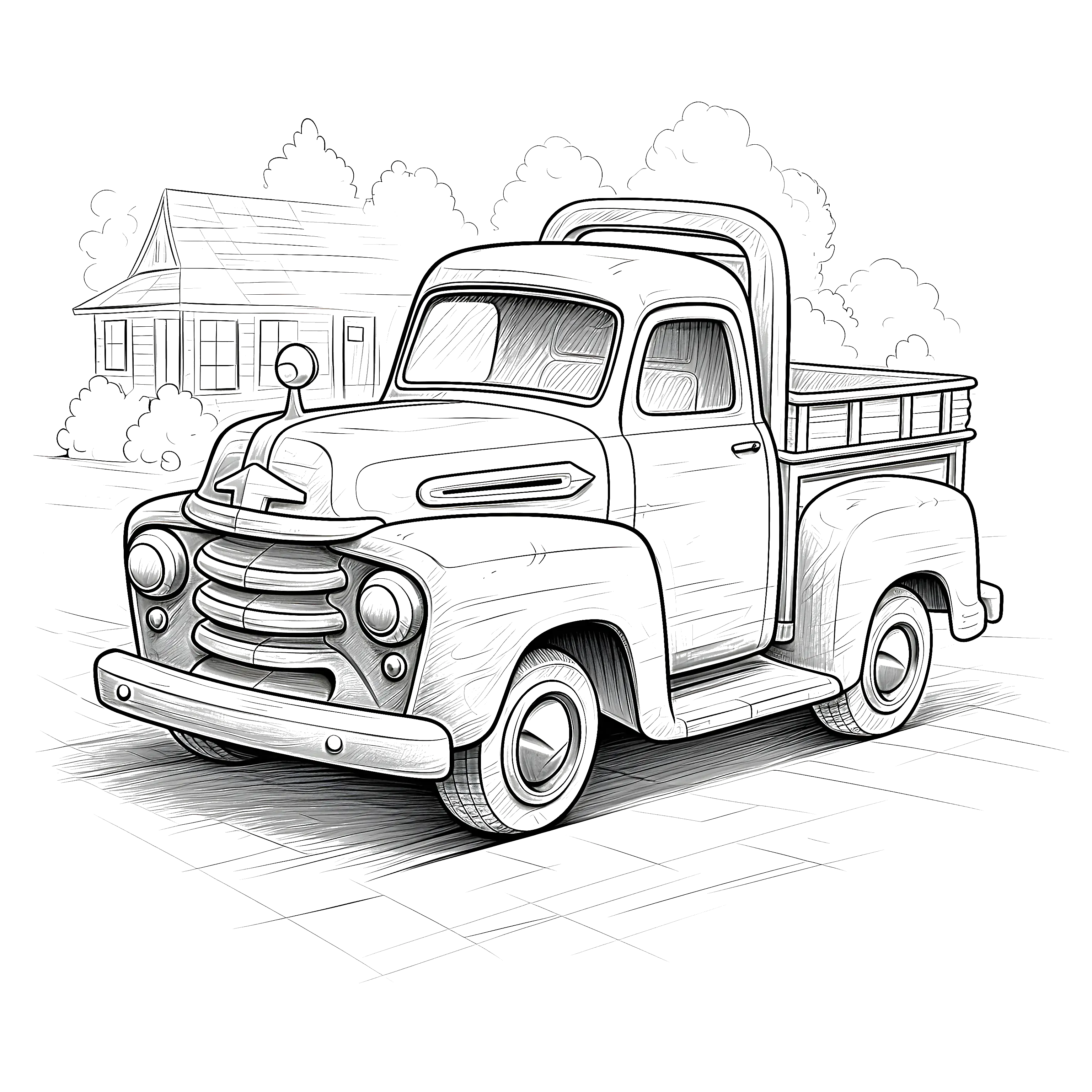 A vintage pickup truck parked in front of a house, drawn as a black-and-white coloring page.
