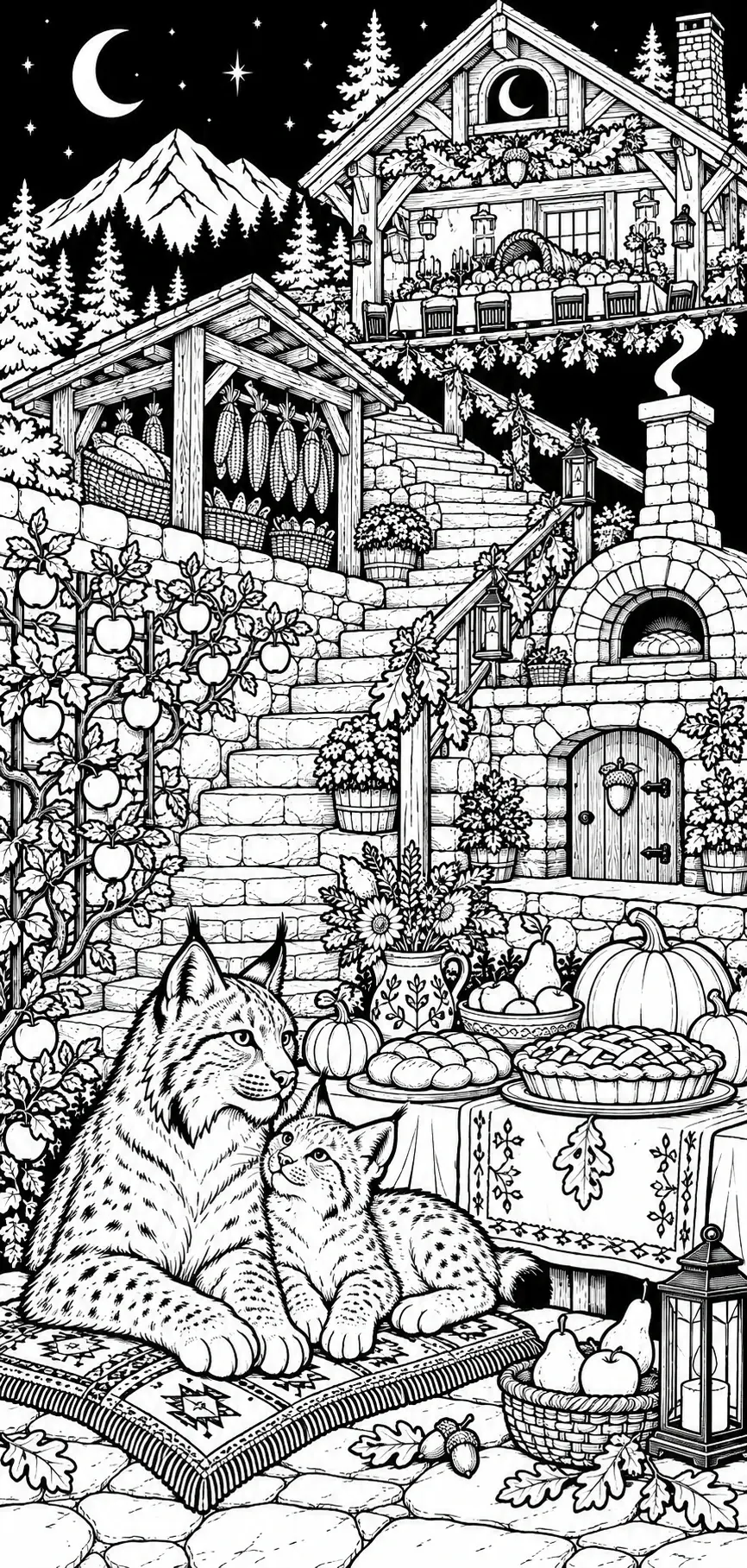 A detailed black-and-white coloring page shows two cats resting on a patterned rug beside a table of pies, pumpkins, and autumn leaves.