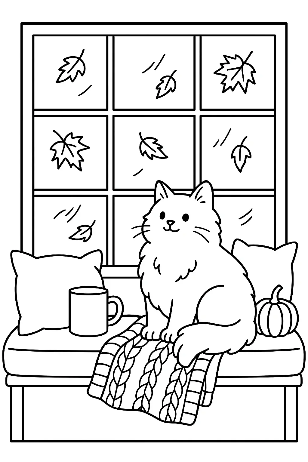 Black and white coloring page of cute cat sitting on a couch by a window with autumn leaves outside, a mug, blanket, and pumpkin nearby