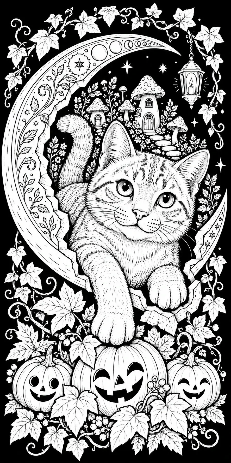 A detailed black-and-white coloring page shows a cat climbing through a crescent moon above pumpkins, leaves, and a lantern.