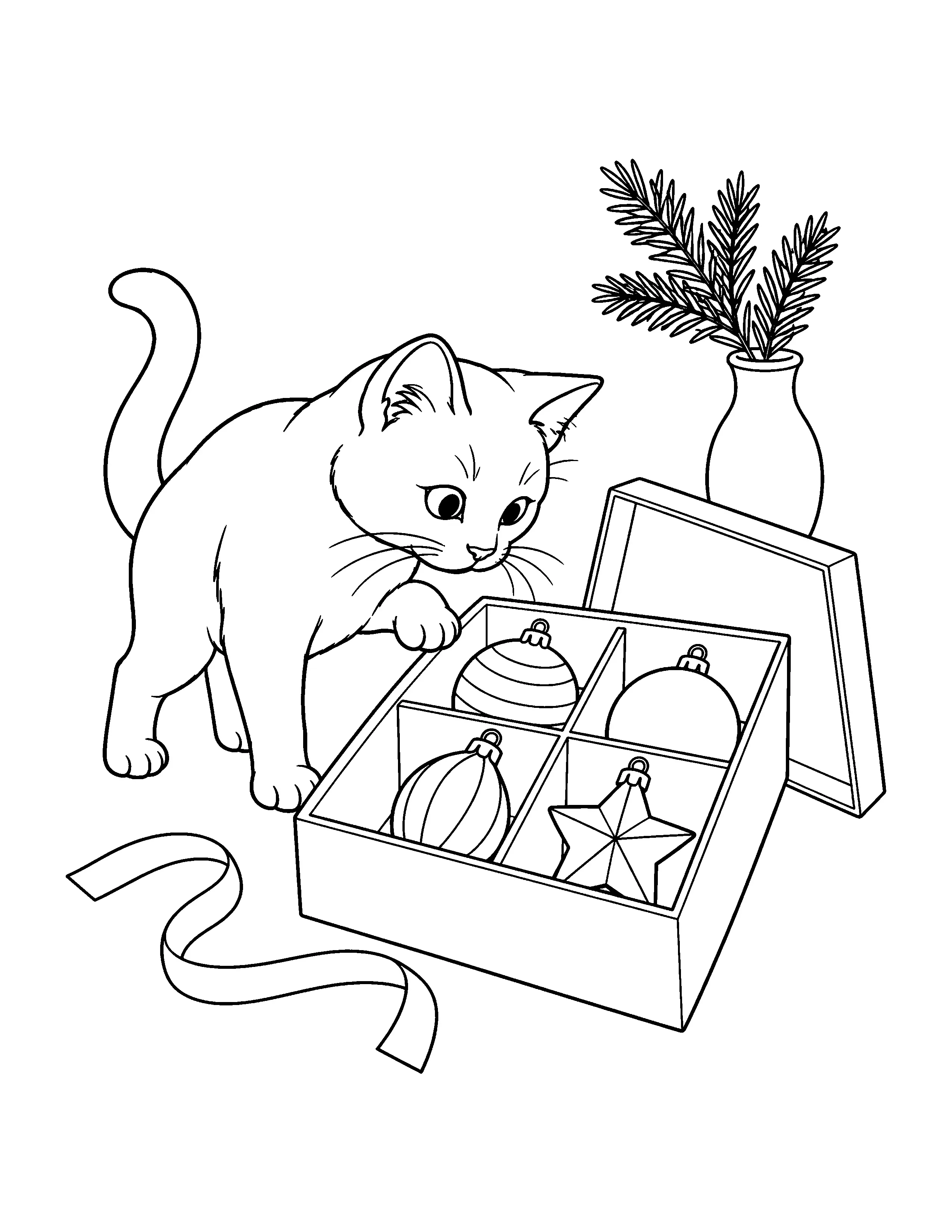 A curious cat looks into a divided box of Christmas ornaments beside a vase of evergreen branches, with a ribbon on the floor in this coloring page.