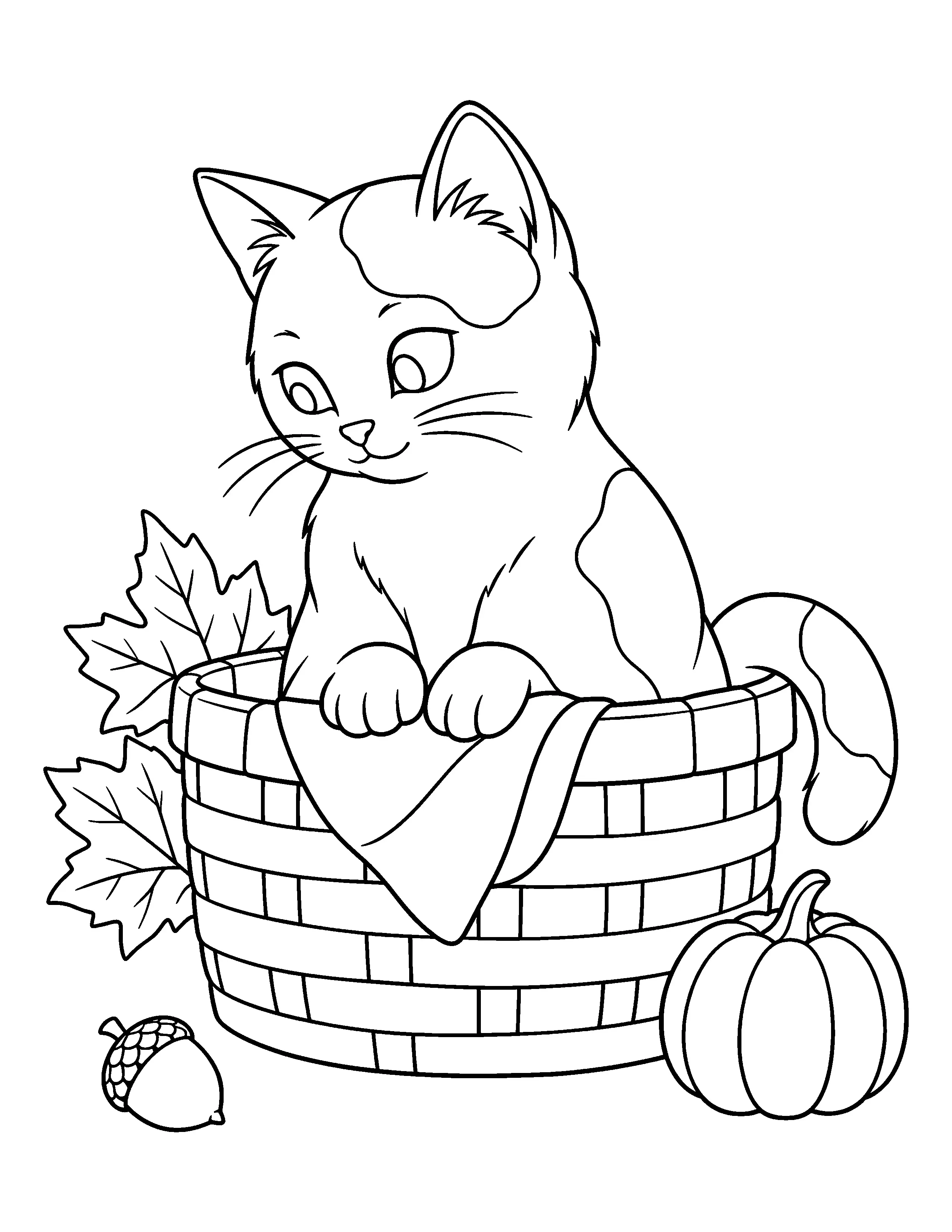 A cute cat sits in a wooden basket with a draped cloth, autumn leaves, a pumpkin, and an acorn in this coloring page.