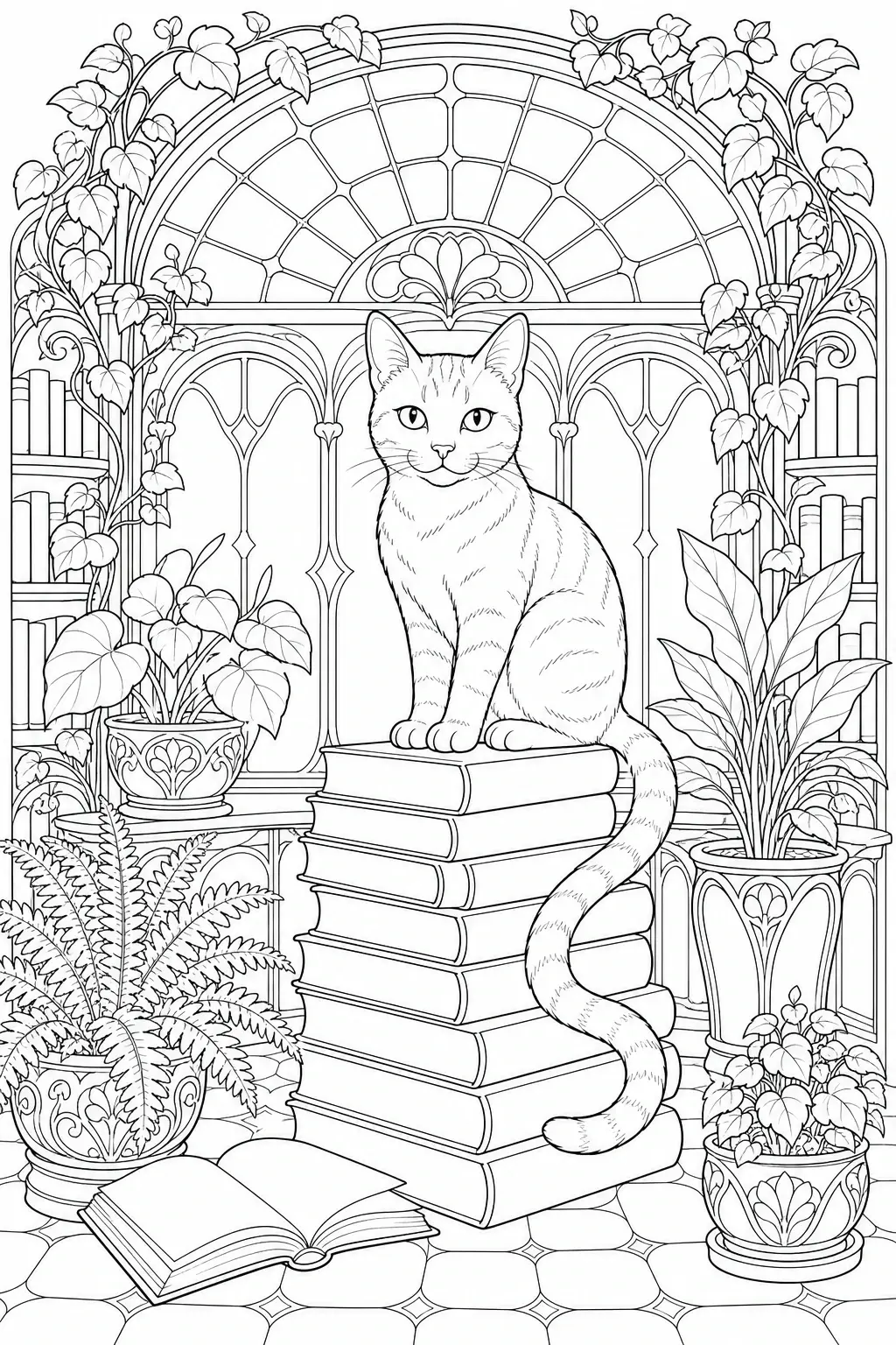 A cat sits on a stack of books in a detailed library scene with potted plants in a coloring page.