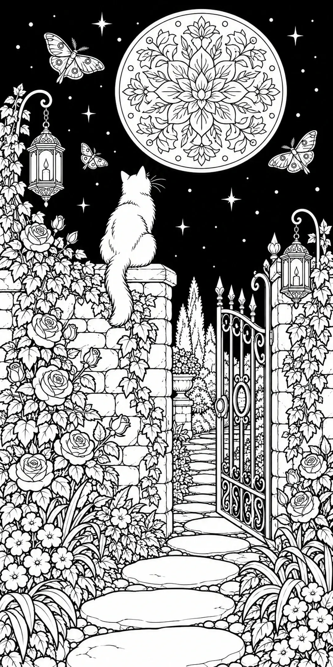 A fluffy cat sits facing away on a stone wall beneath a floral mandala, with butterflies, lanterns, flowers, and an ornate garden gate in this coloring page.