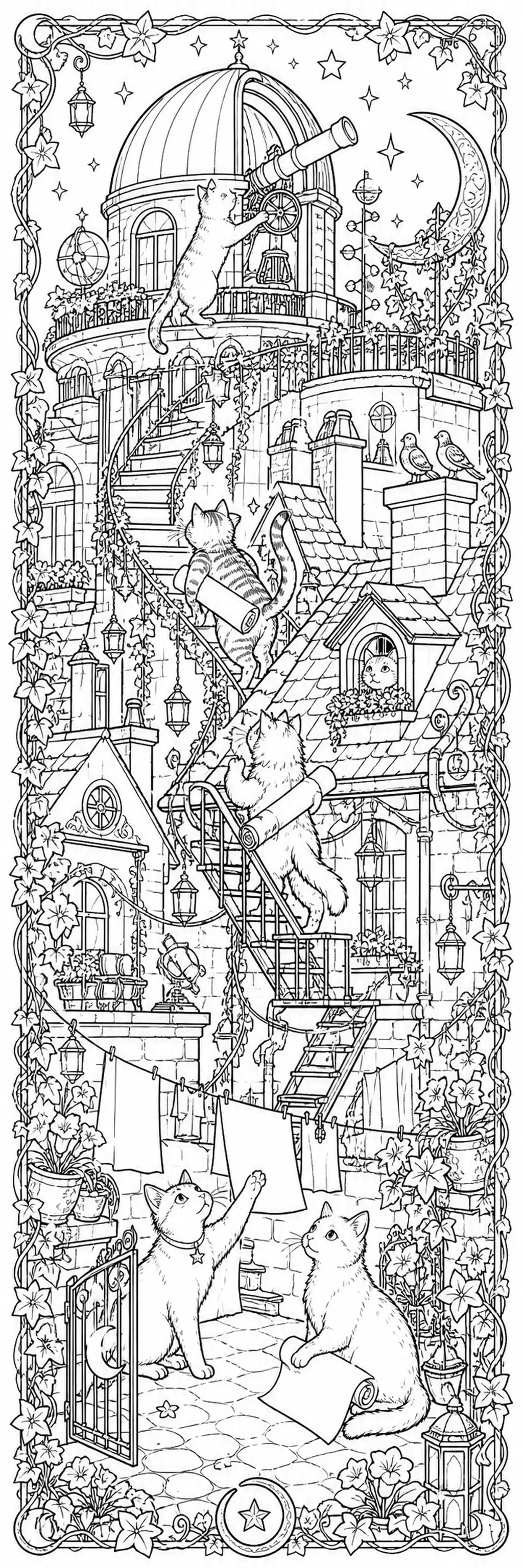 A black-and-white coloring page shows several cats around an ivy-covered observatory with a telescope, moon, stars, and rooftop details.