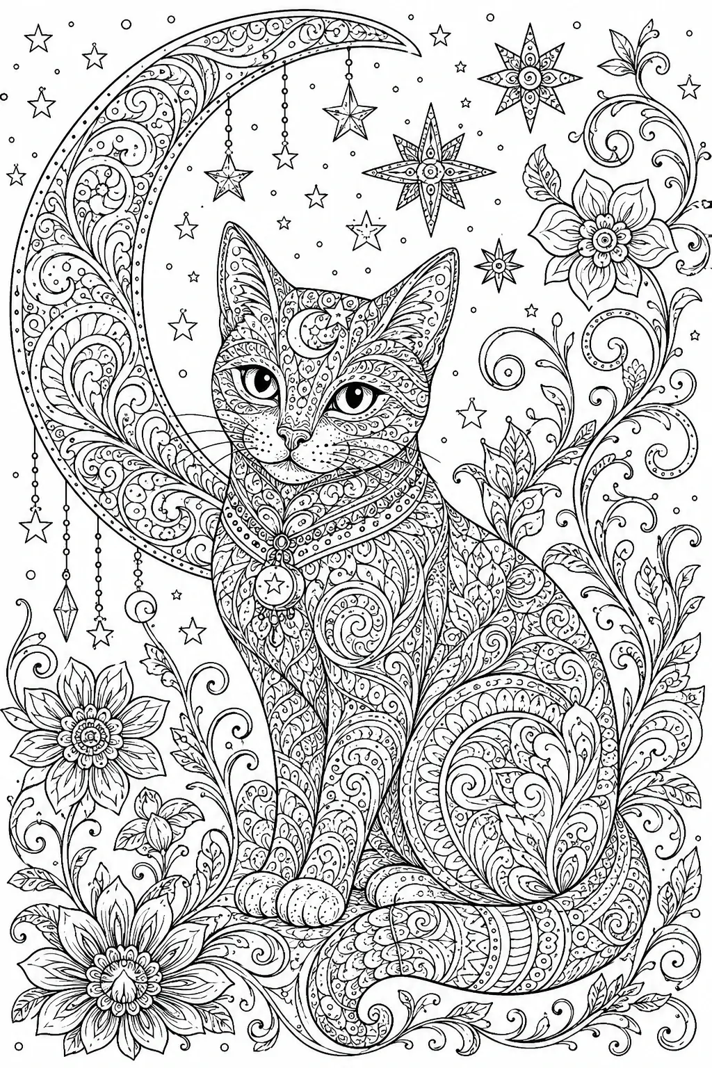 A detailed cat coloring page shows an ornate cat beside a crescent moon with stars and floral swirls.