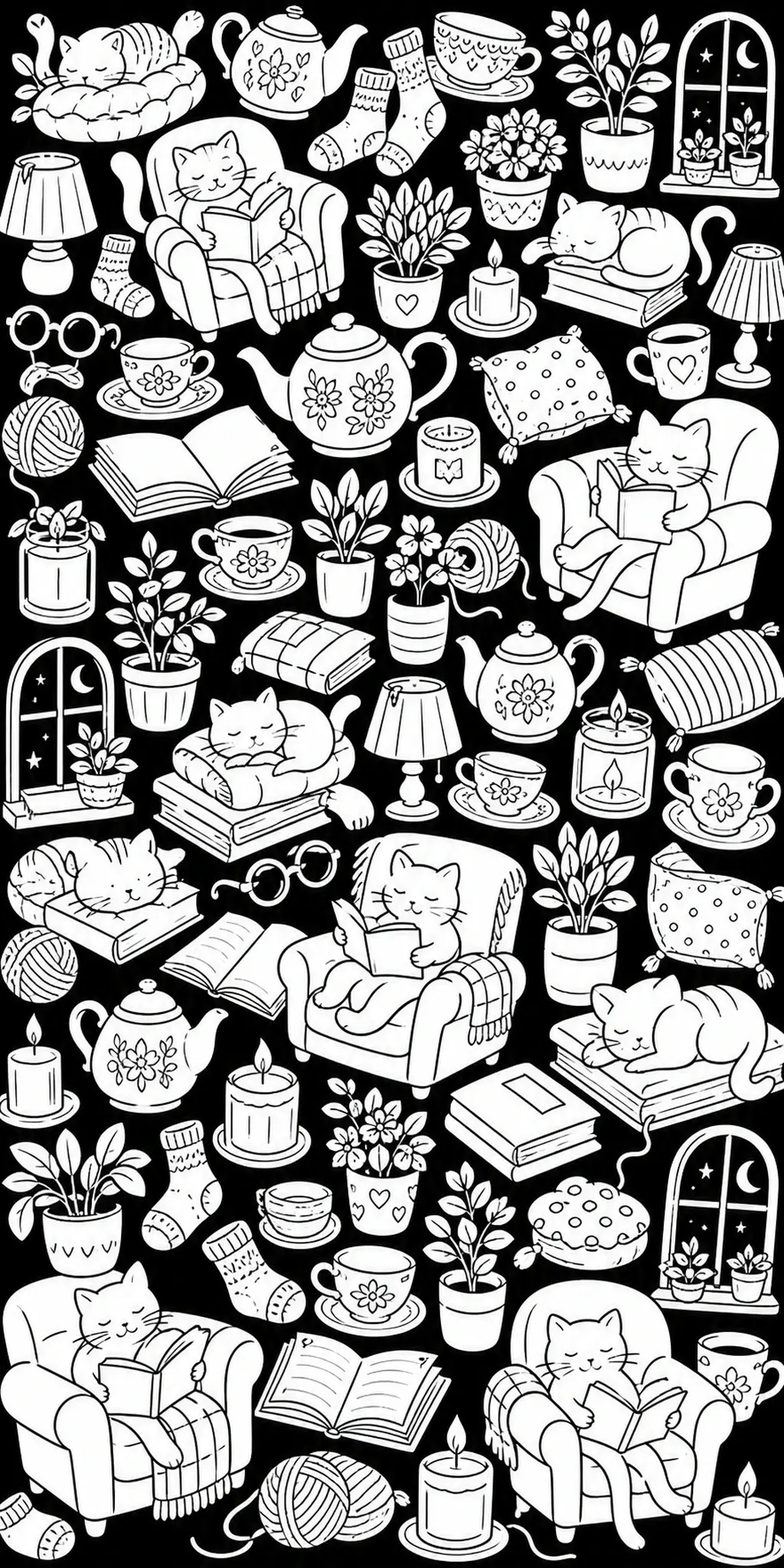 A black-and-white coloring page with cats reading books among chairs, tea cups, plants, candles, and windows.