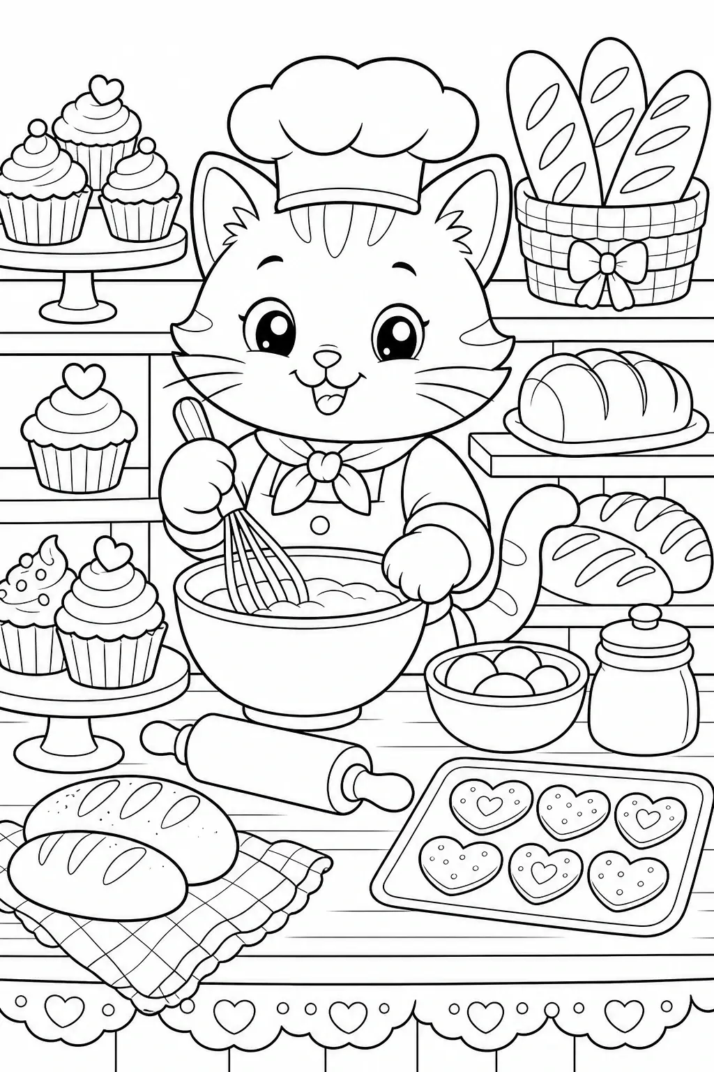 Black and white coloring page of cute cat baker whisking batter in a kitchen surrounded by cupcakes, bread, cookies, and pastries