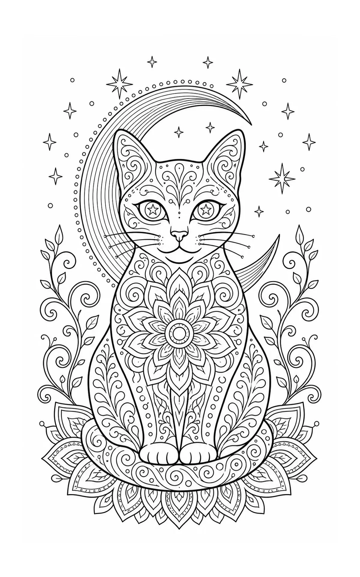 A decorative cat coloring page with a crescent moon, stars, and floral mandala details.