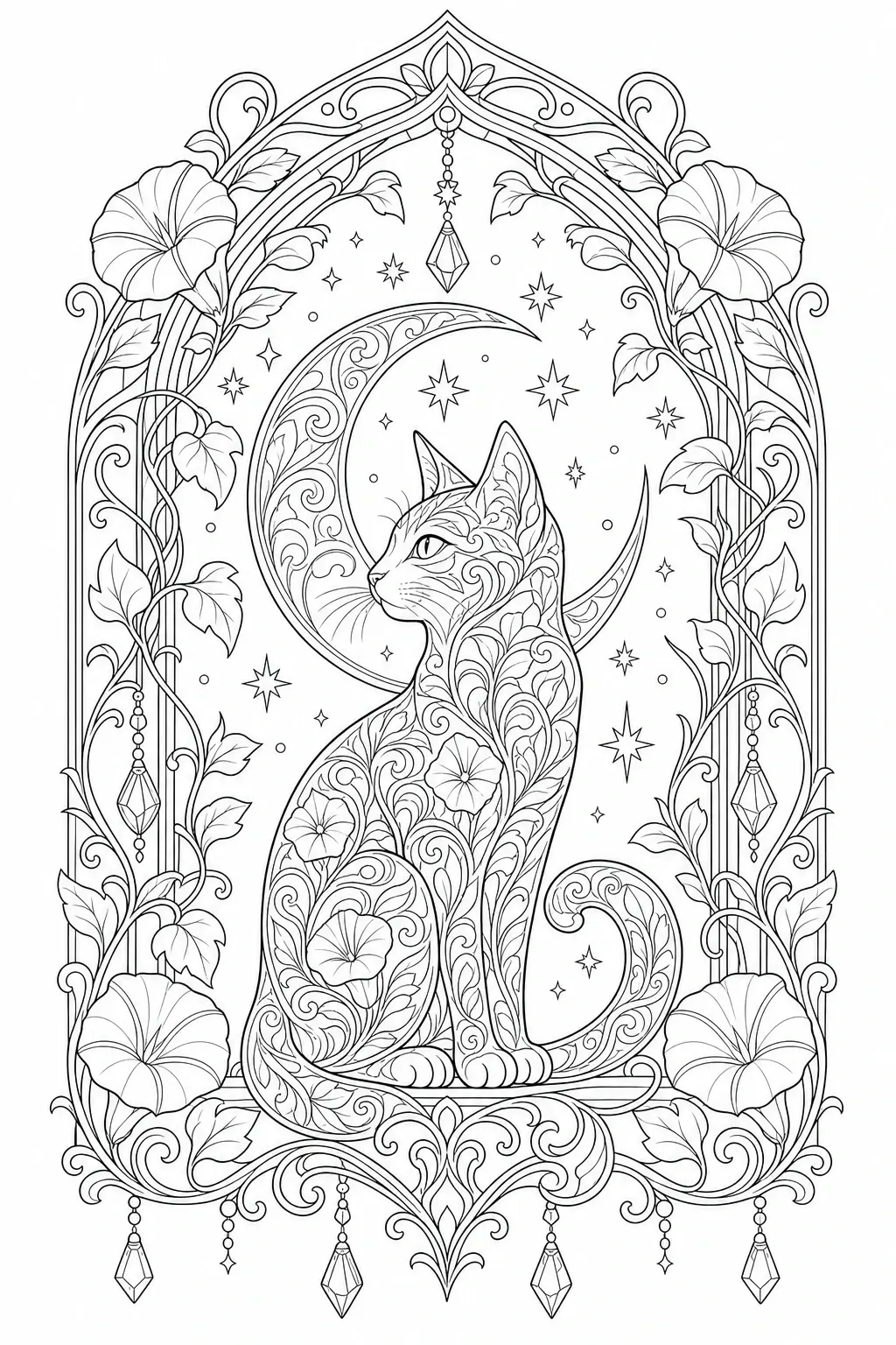 Black and white coloring page of decorative cat sitting in front of a crescent moon, surrounded by floral vines, stars, and an ornate frame