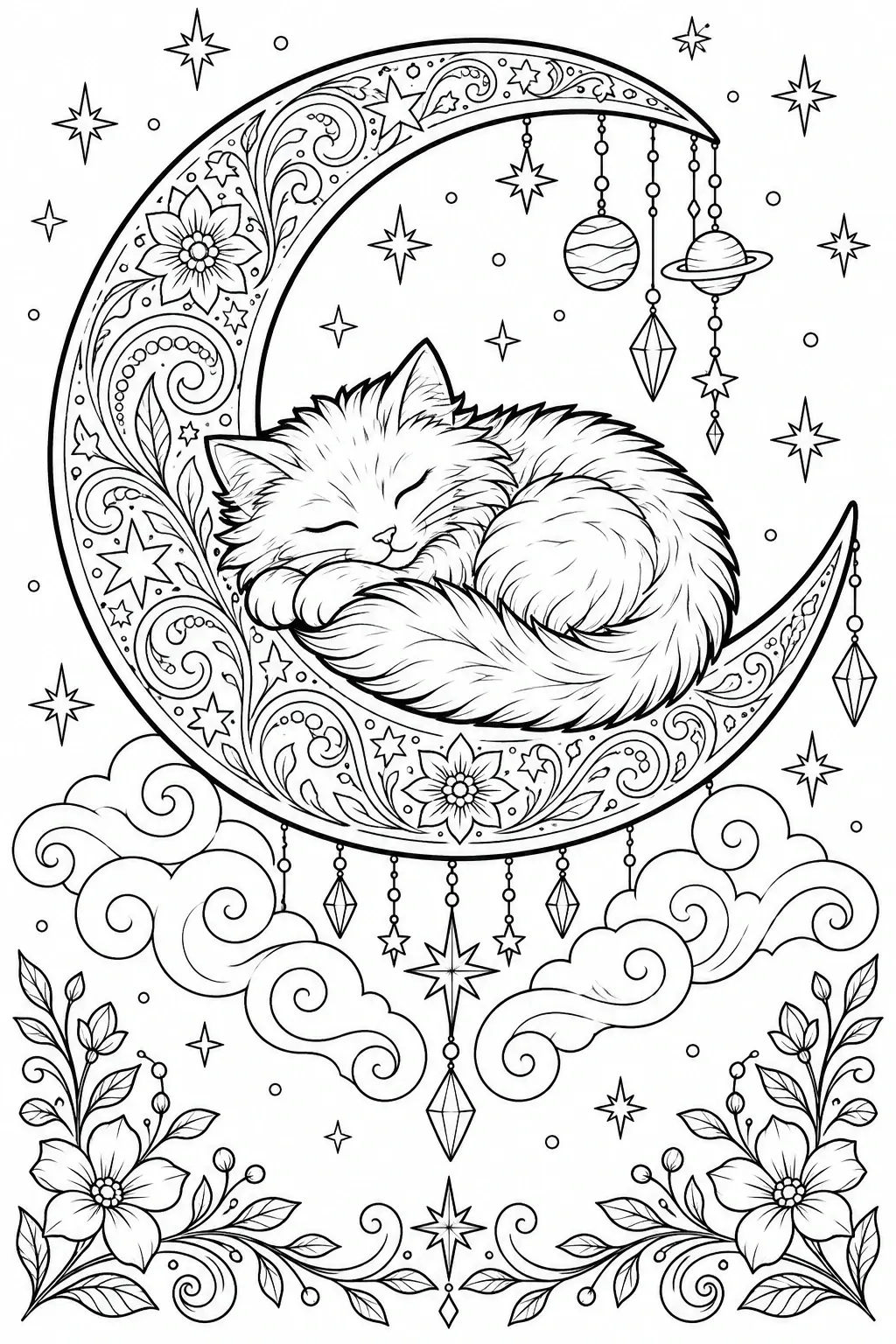 A fluffy cat sleeps curled on a decorated crescent moon beneath stars and hanging planets, with flowers and swirling clouds framing the coloring page.