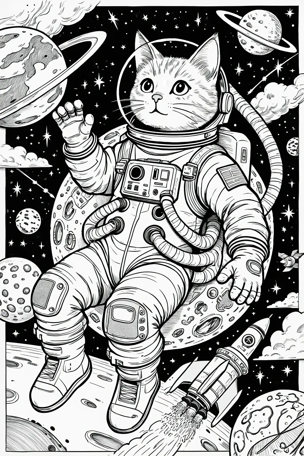 Black and white detailed coloring page featuring a cute cat dressed as an astronaut floating in space with planets, stars, a rocket, and clouds. Ideal for kids' coloring page, printable coloring page.