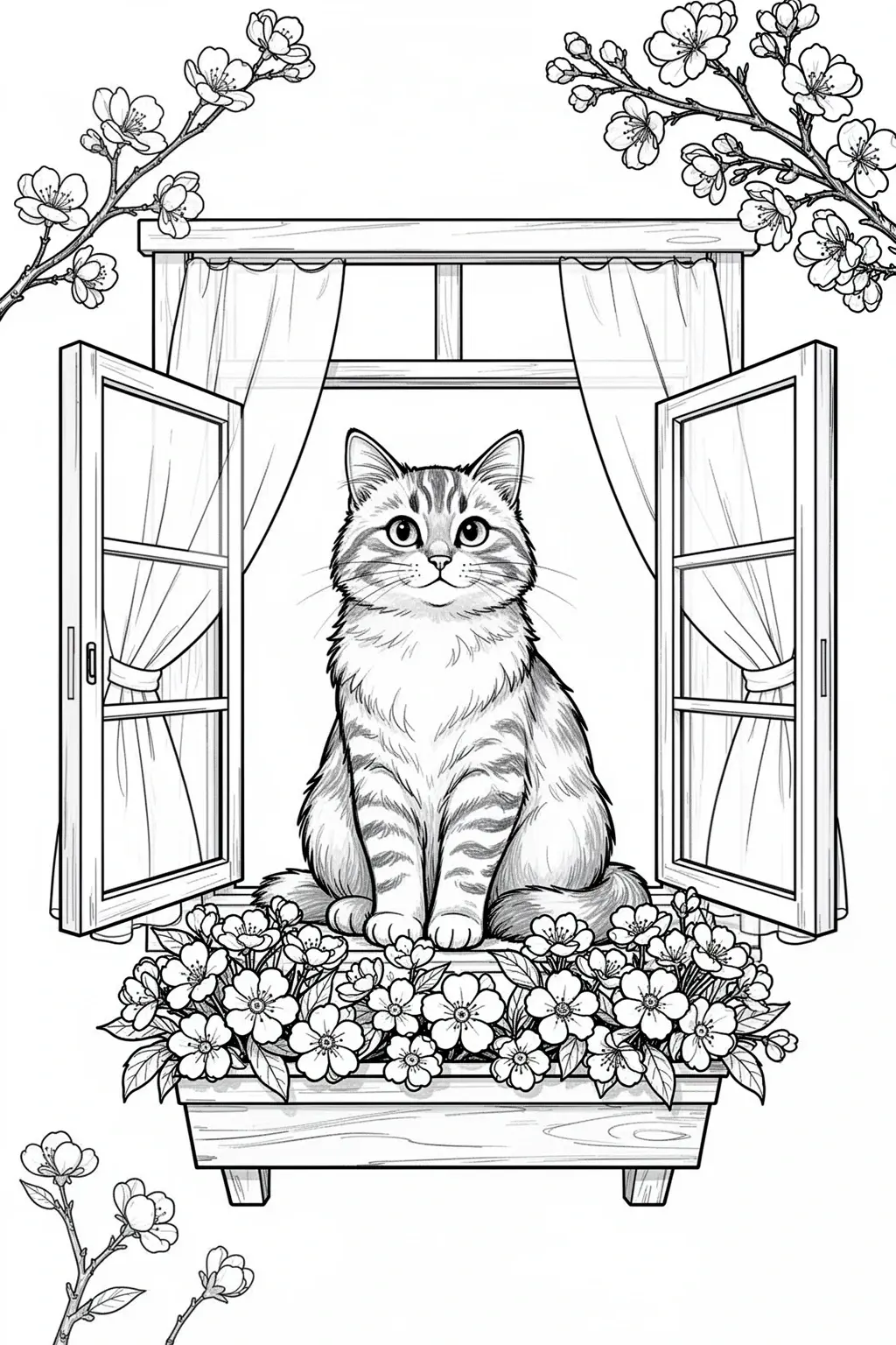 Black-and-white coloring page of cat window flower box coloring page.