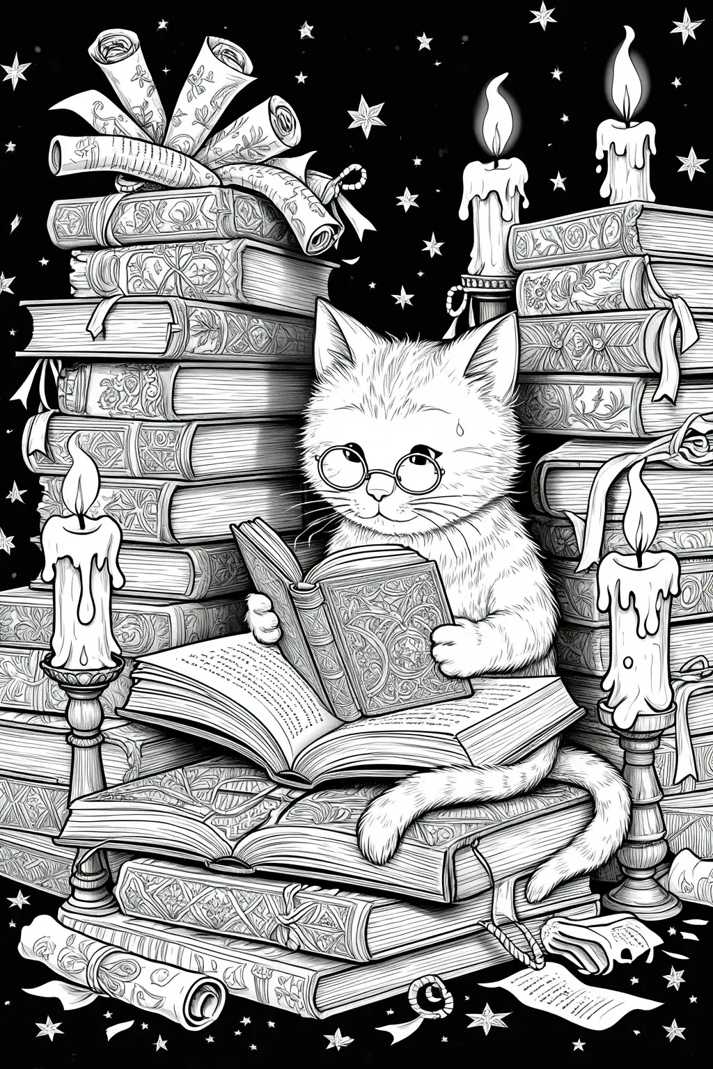 Magical cat librarian sitting among stacks of ornate books with candles and stars, a detailed black-and-white animal coloring page, perfect for detailed coloring page, kids' coloring page, printable