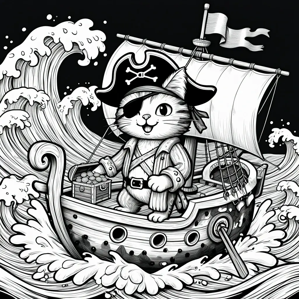 Black-and-white pirate cat sailing a ship through huge ocean waves with a treasure chest, sail, and pirate hat, designed as detailed coloring page, kids' coloring page, printable coloring page, and
