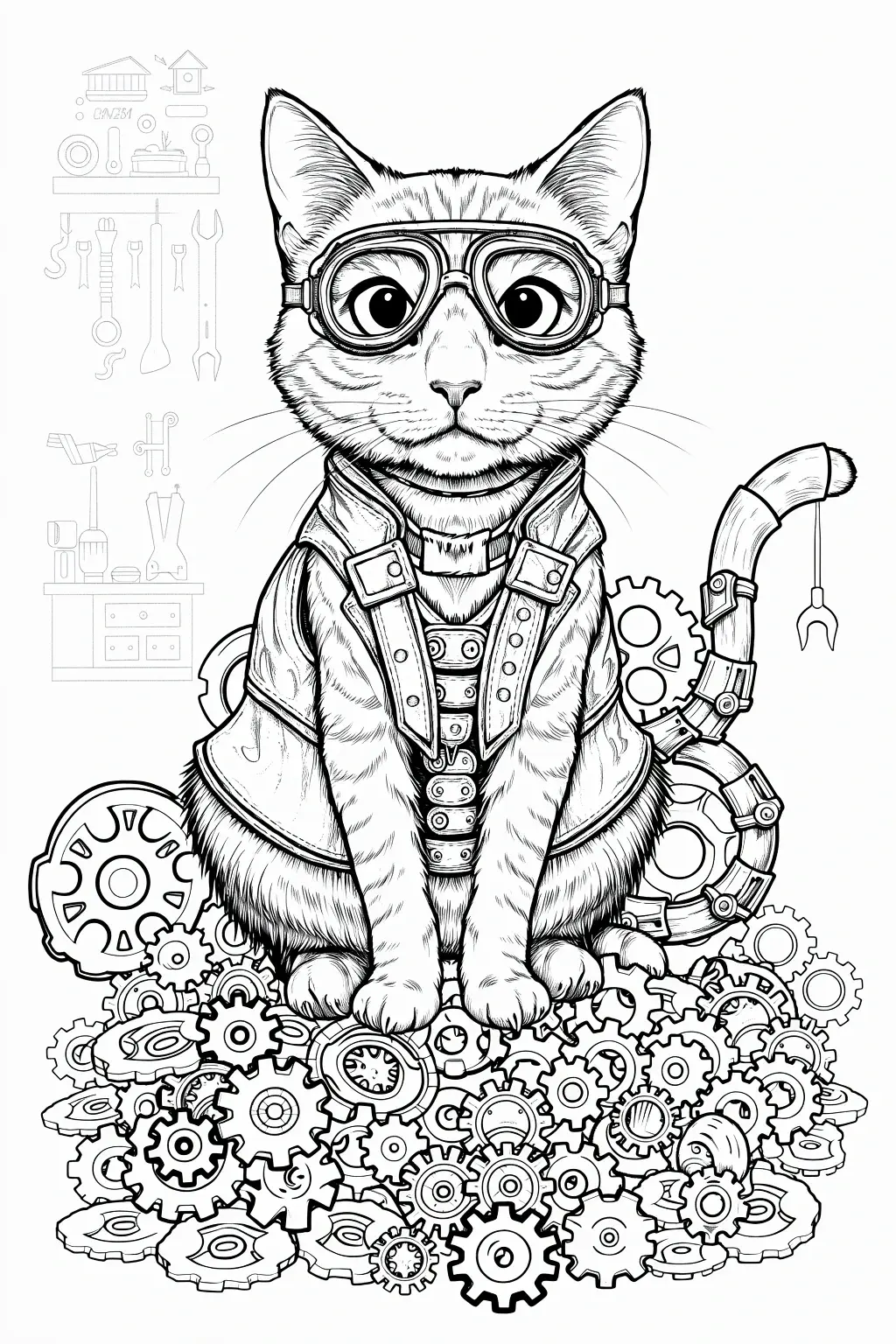 Black-and-white steampunk cat coloring page with goggles and gears detailed coloring page, kids' coloring page, printable coloring page style coloring sheets for animal lovers.