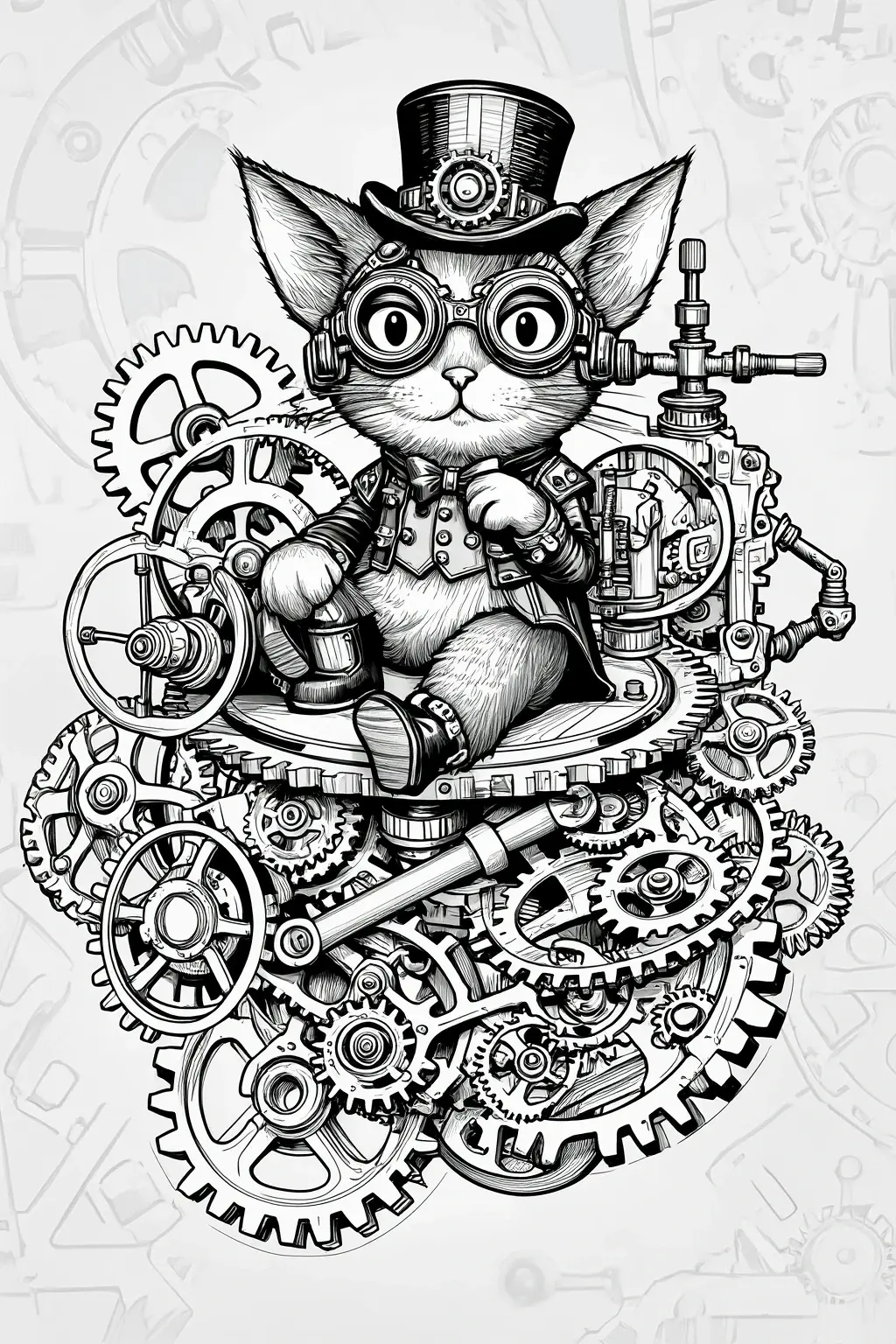 Black and white steampunk cat coloring page with goggles, top hat, and many gears, designed as detailed coloring page, kids' coloring page, printable coloring page, and coloring sheets for animal