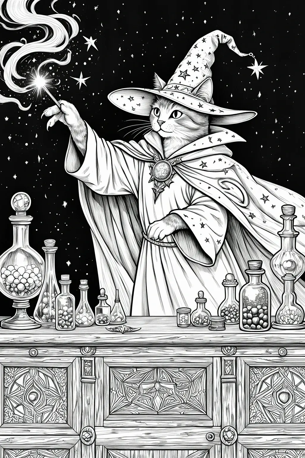 A magical wizard cat in a starry scene holding a wand, surrounded by potion bottles and mystical details. This black-and-white illustration is perfect for detailed coloring page, kids' coloring page.