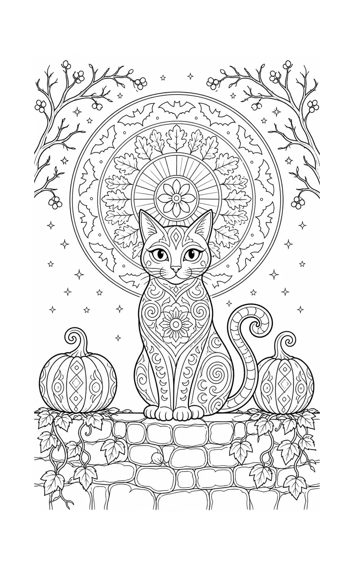 A detailed cat coloring page shows a patterned cat sitting between pumpkins under a moonlit mandala with bats and stars.
