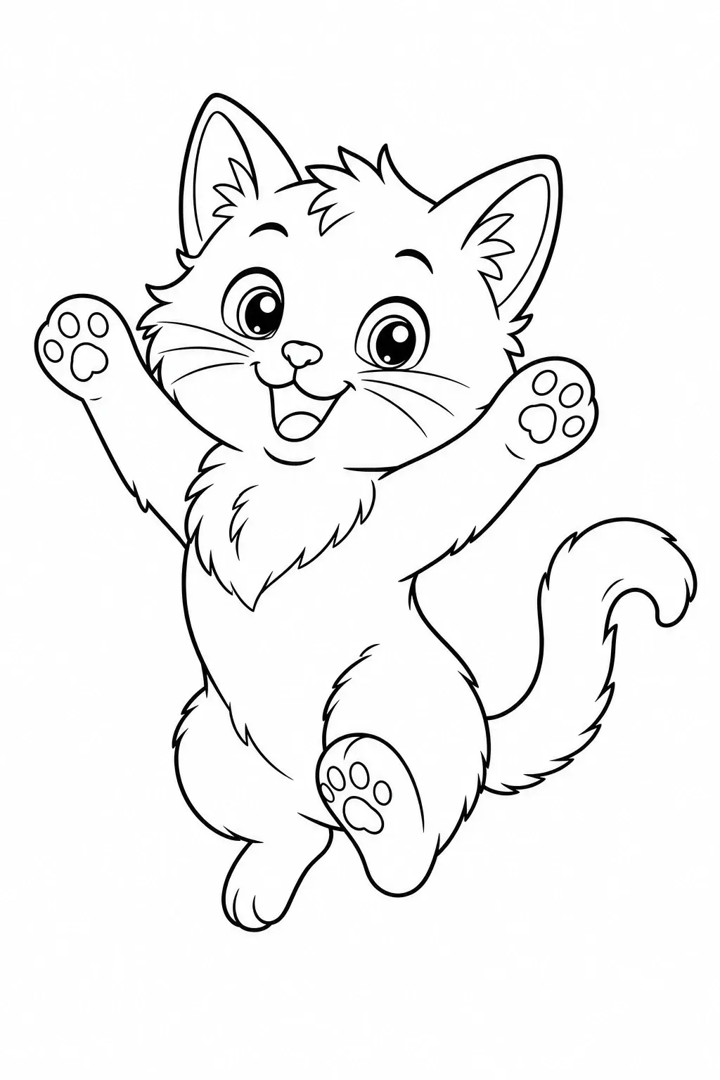 Black and white coloring page of cute cartoon kitten jumping with its paws up and a happy face