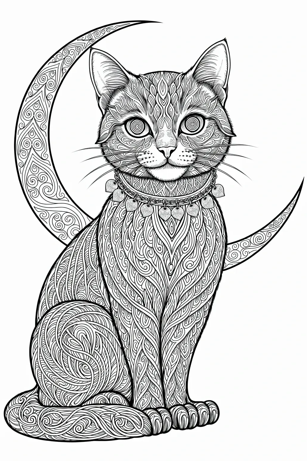 Black and white coloring page of intricate ornamental cat sitting in front of a crescent moon, drawn in detailed black-and-white line art for coloring