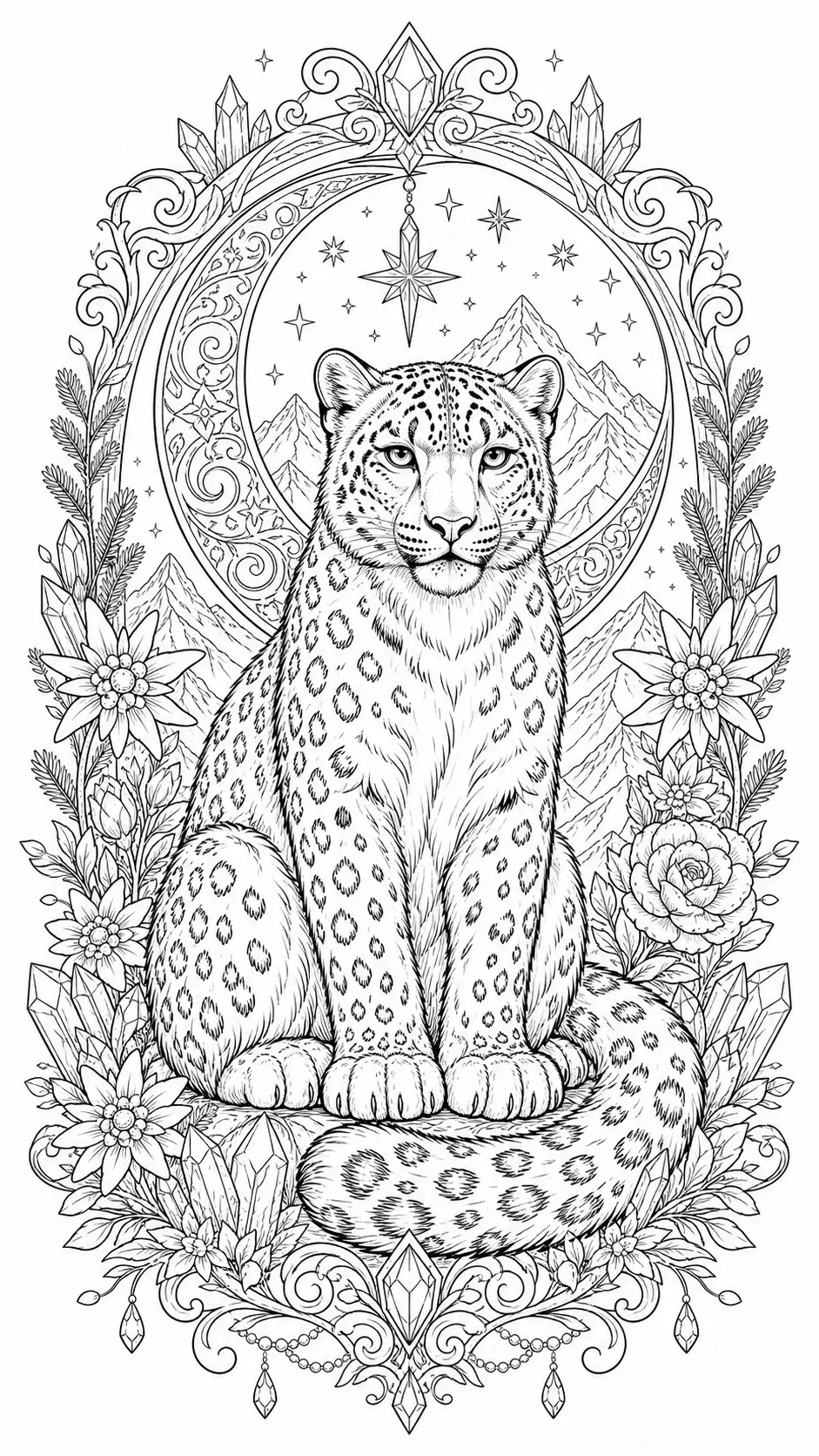 A snow leopard sits in front of mountains and stars in a detailed coloring page with crystals and flowers.