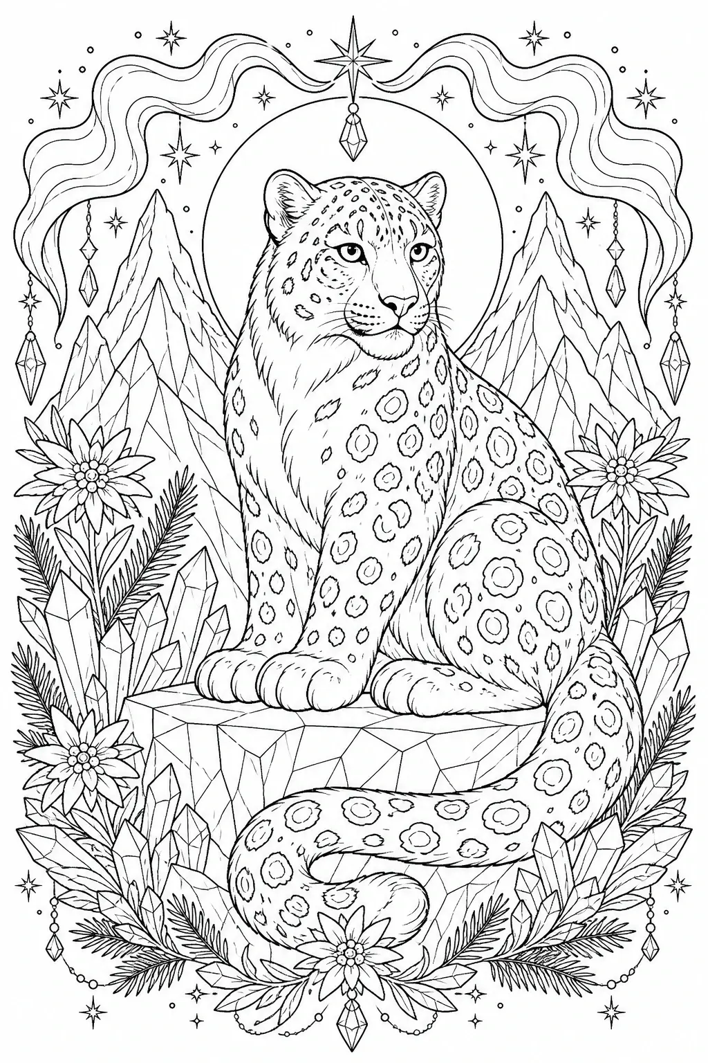 A snow leopard coloring page showing a seated snow leopard with mountains, crystals, flowers, and stars.