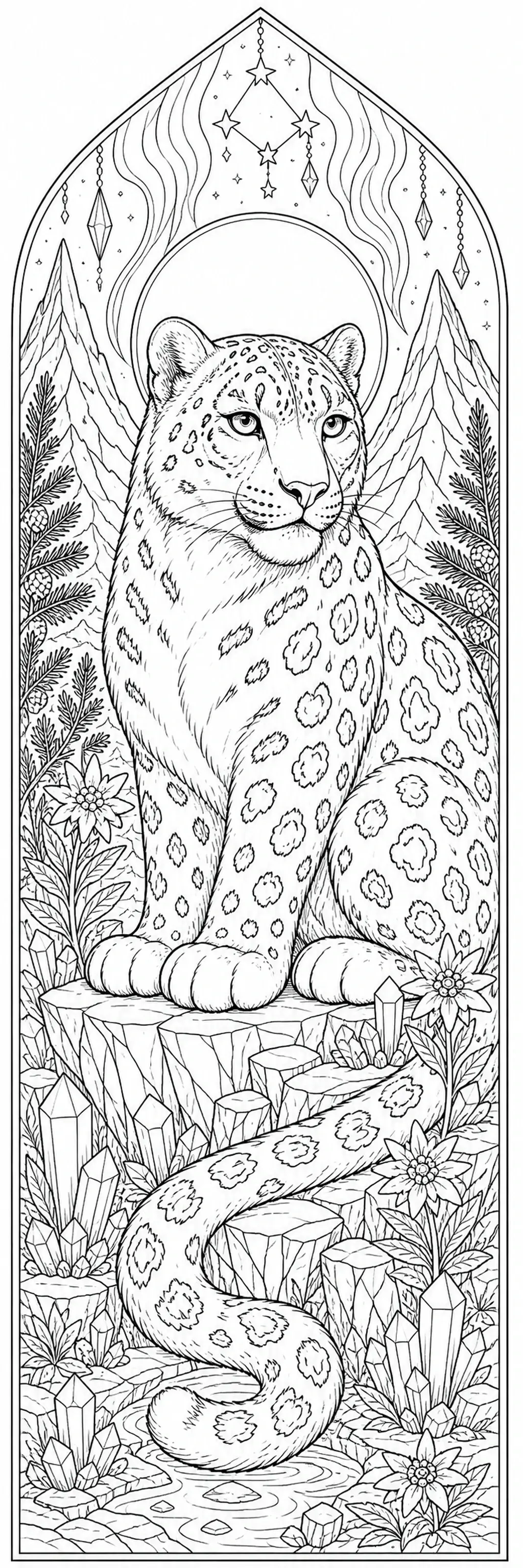 A snow leopard sits in a decorative mountain scene with stars, crystals, and flowers coloring page.