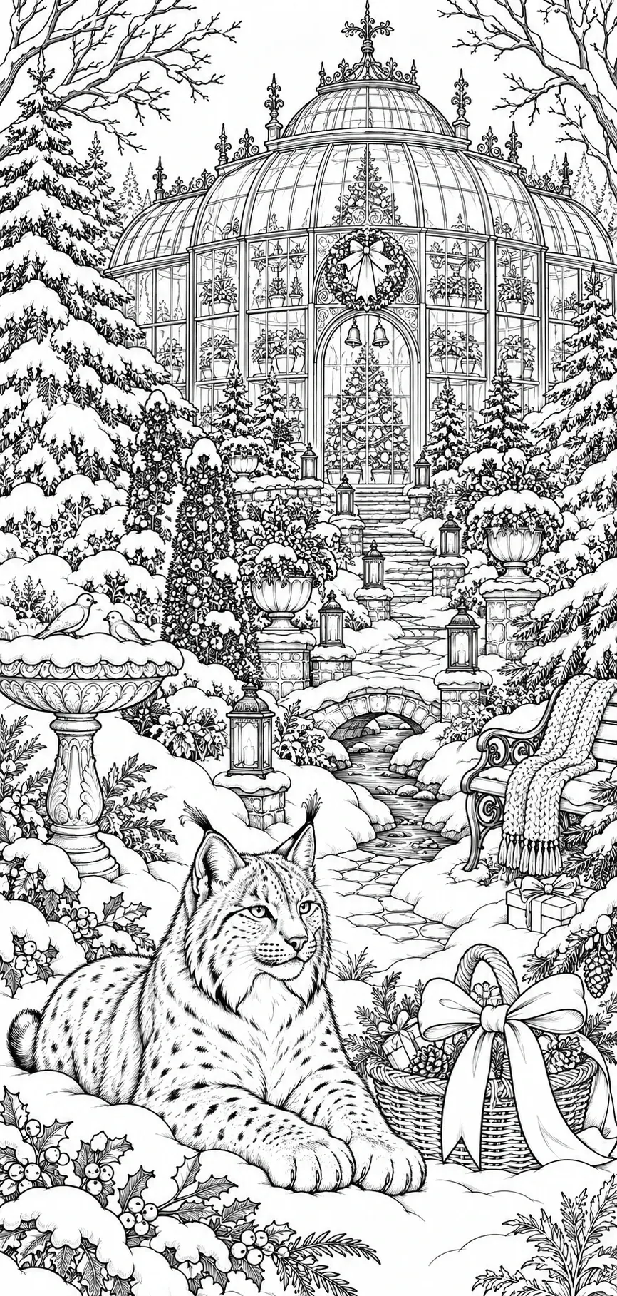 A spotted lynx rests in deep snow before a glass greenhouse with a Christmas tree, wreath, and winter plants in this coloring page.
