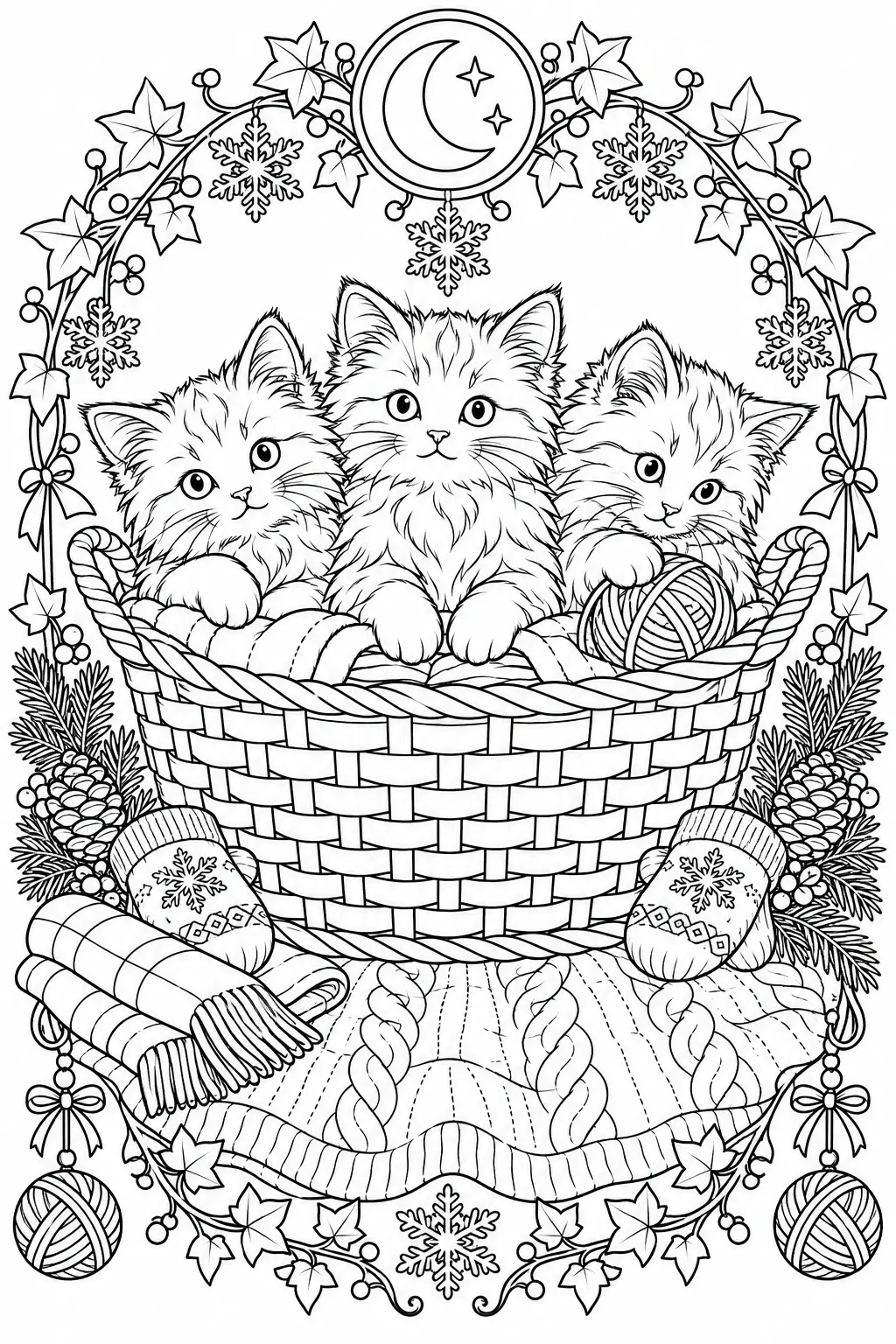 Three fluffy kittens sit in a basket surrounded by snowflakes, mittens, yarn, and winter greenery in a black-and-white coloring page.