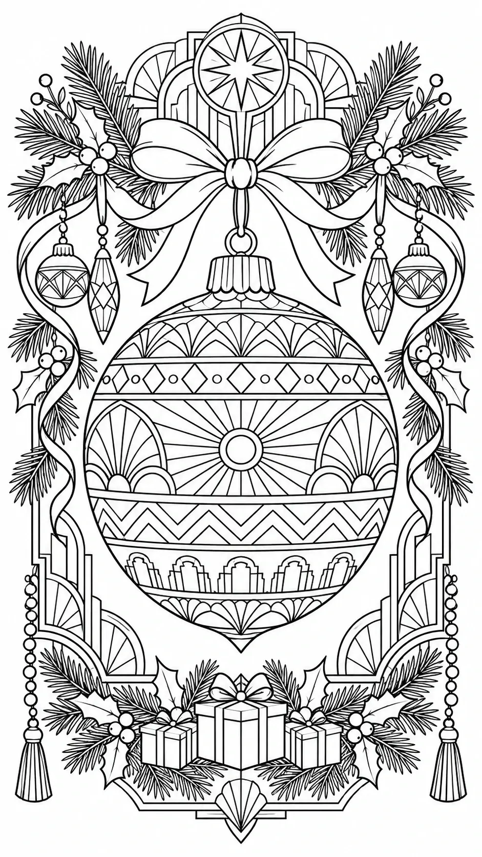 A black-and-white coloring page showing an art deco Christmas ornament with a large bow, pine branches, holly, and gift boxes.