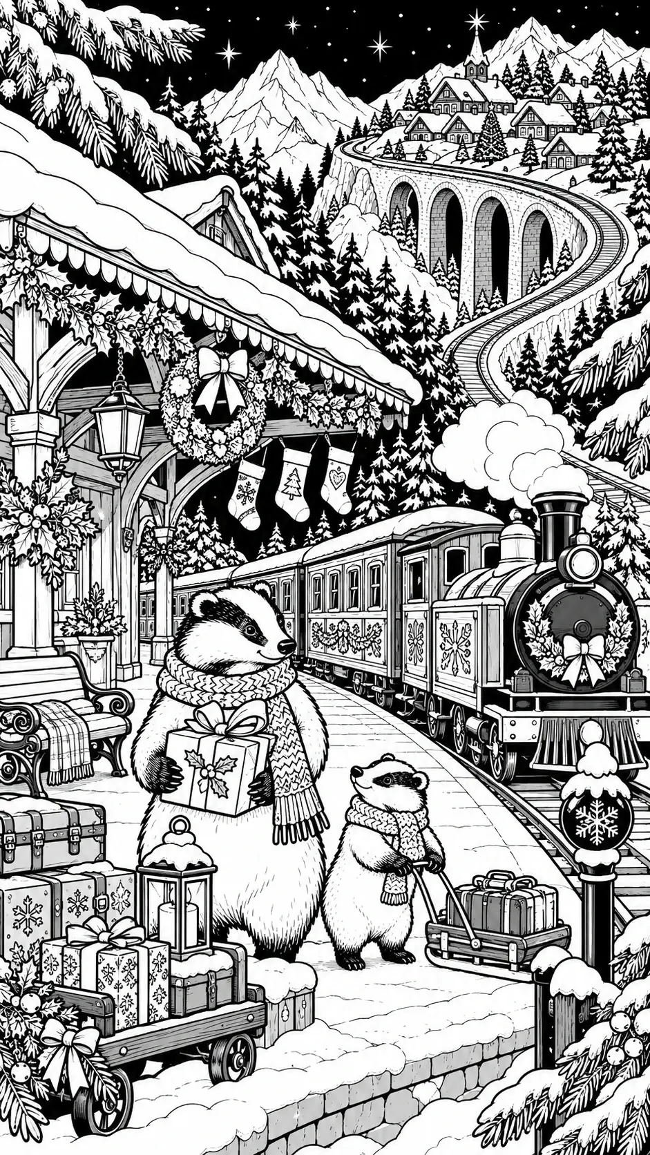 A coloring page shows two scarf-wearing badgers with gifts beside a decorated steam train at a snowy station with mountains, trees, and Christmas wreaths.
