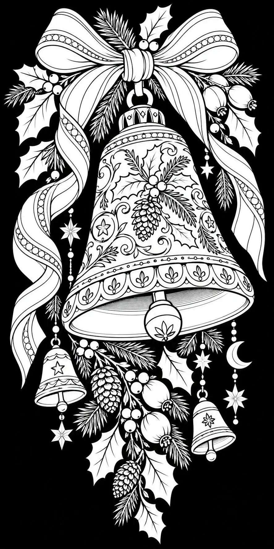 A large patterned Christmas bell hangs beneath a ribbon bow among holly leaves, pine branches, pinecones, stars, and two smaller bells in this coloring page.