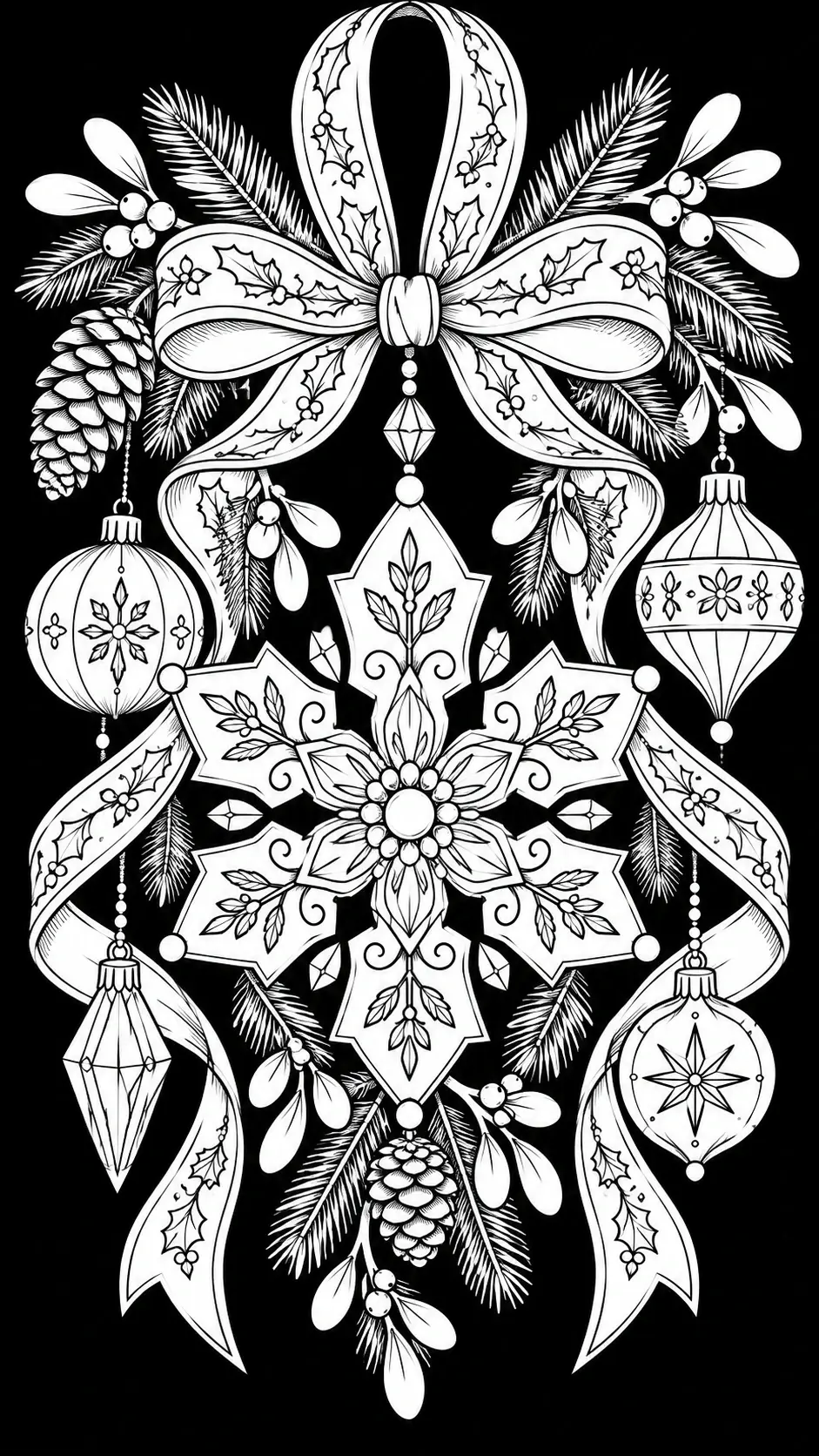 This detailed coloring page shows a large bow, a layered snowflake, evergreen sprigs, pinecones, mistletoe, and hanging Christmas ornaments.