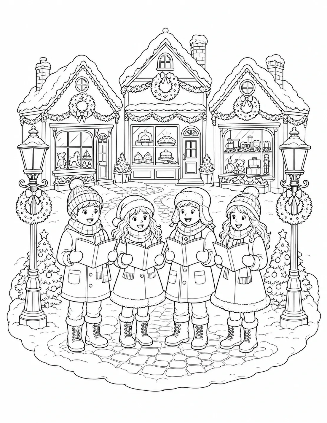 A Christmas coloring page showing four children carolers in winter clothes standing in front of snowy village houses.