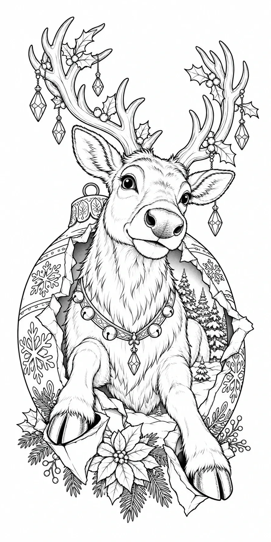 A black-and-white coloring page shows a deer with large antlers, hanging ornaments, holly leaves, snowflakes, and a winter scene inside a cracked oval frame.