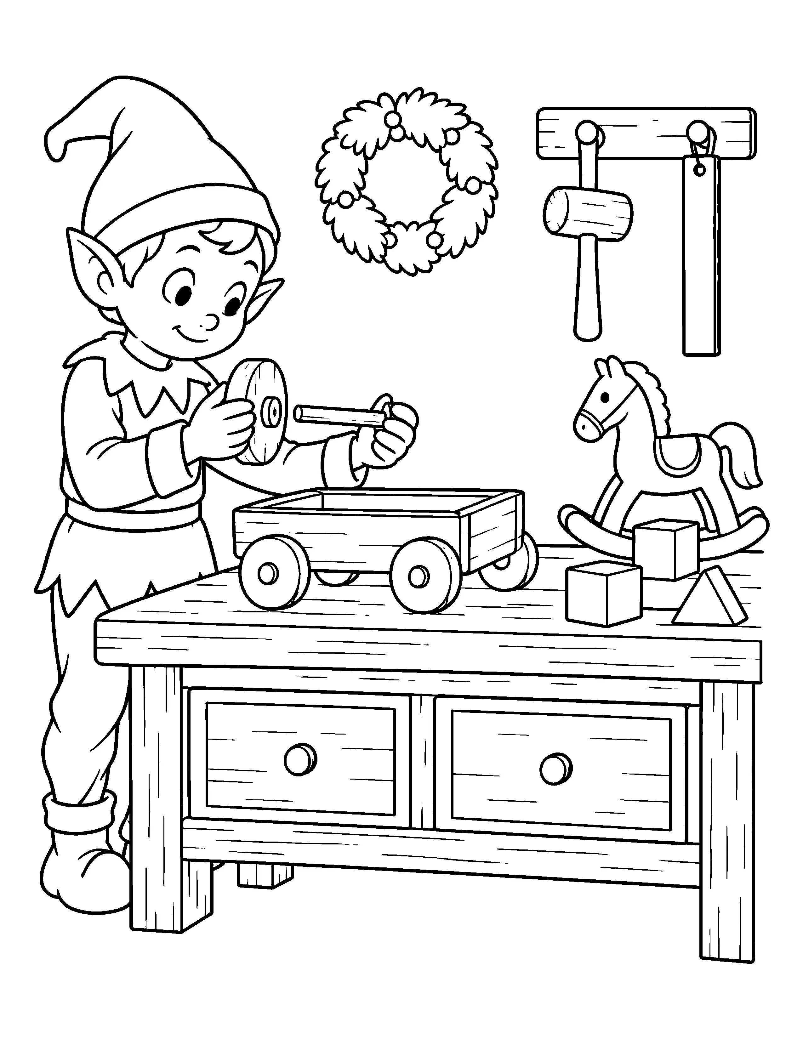 A smiling elf assembles a toy wagon at a workbench beside a rocking horse, blocks, tools, and a wreath in this coloring page.